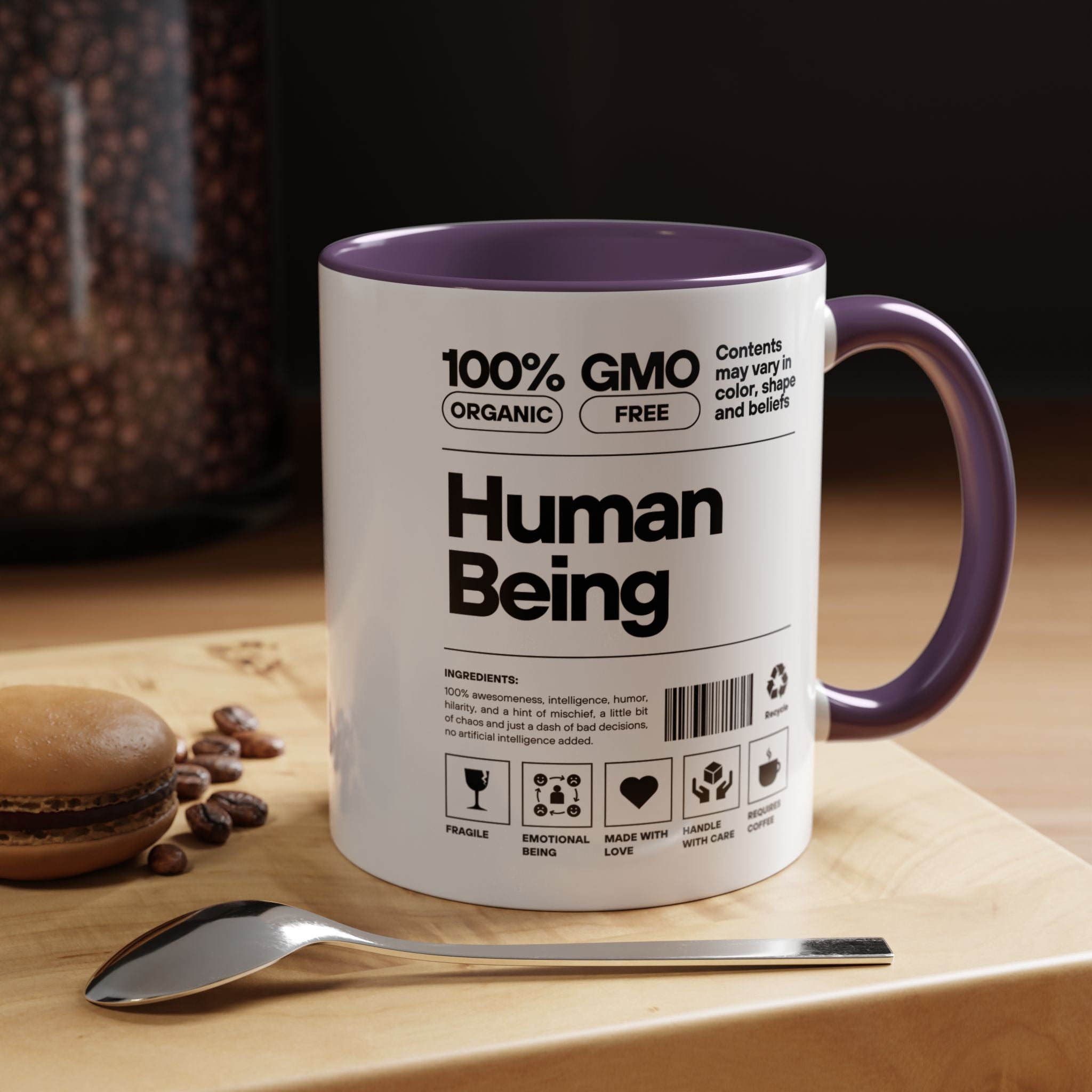 Funny Coffee Mug, Personalized Mug, Human Being Nutrition Facts Accent Cup (11, 15oz), Gift Under 20, White Elephant gift
