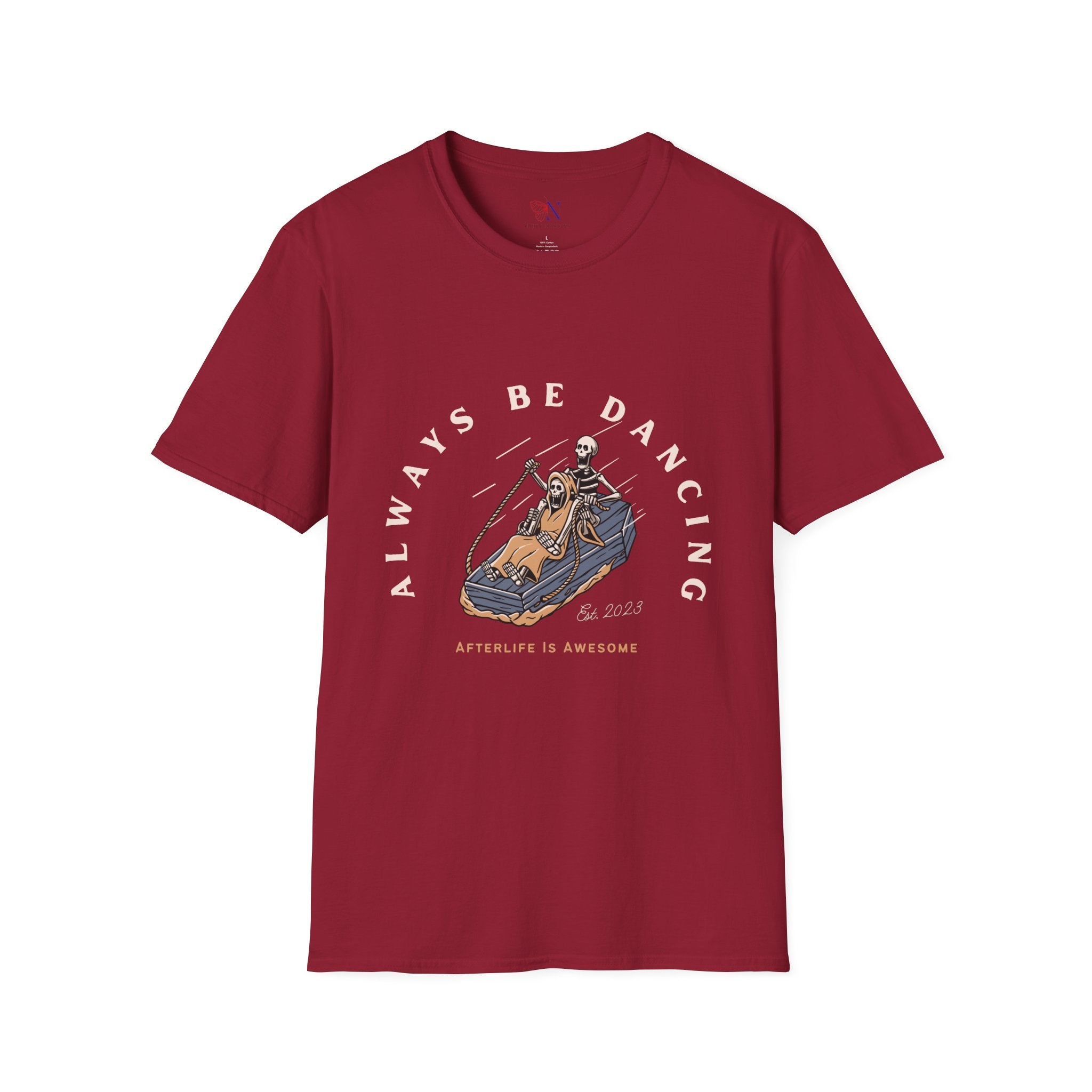 Always Be Dancing Afterlife Is Awesome Funny Skeleton Surfing in a Coffin T-shirt