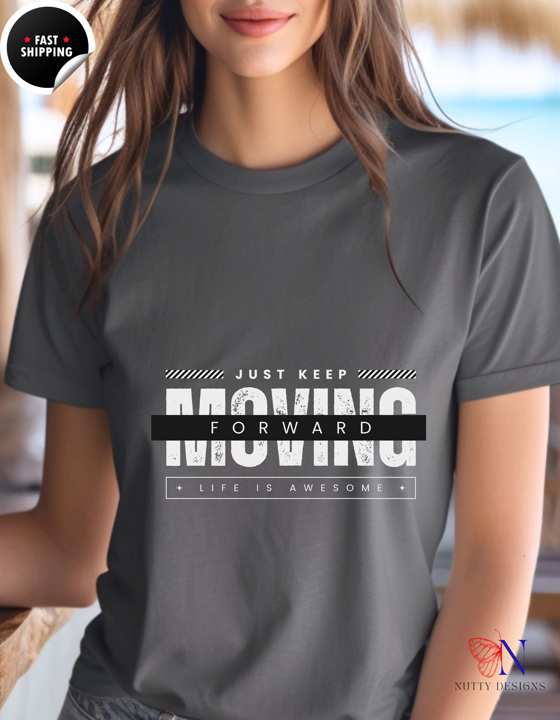 Just Keep Moving Forward Life Is Awesome T-Shirt Lifestyle Mockup | Nutty Designs