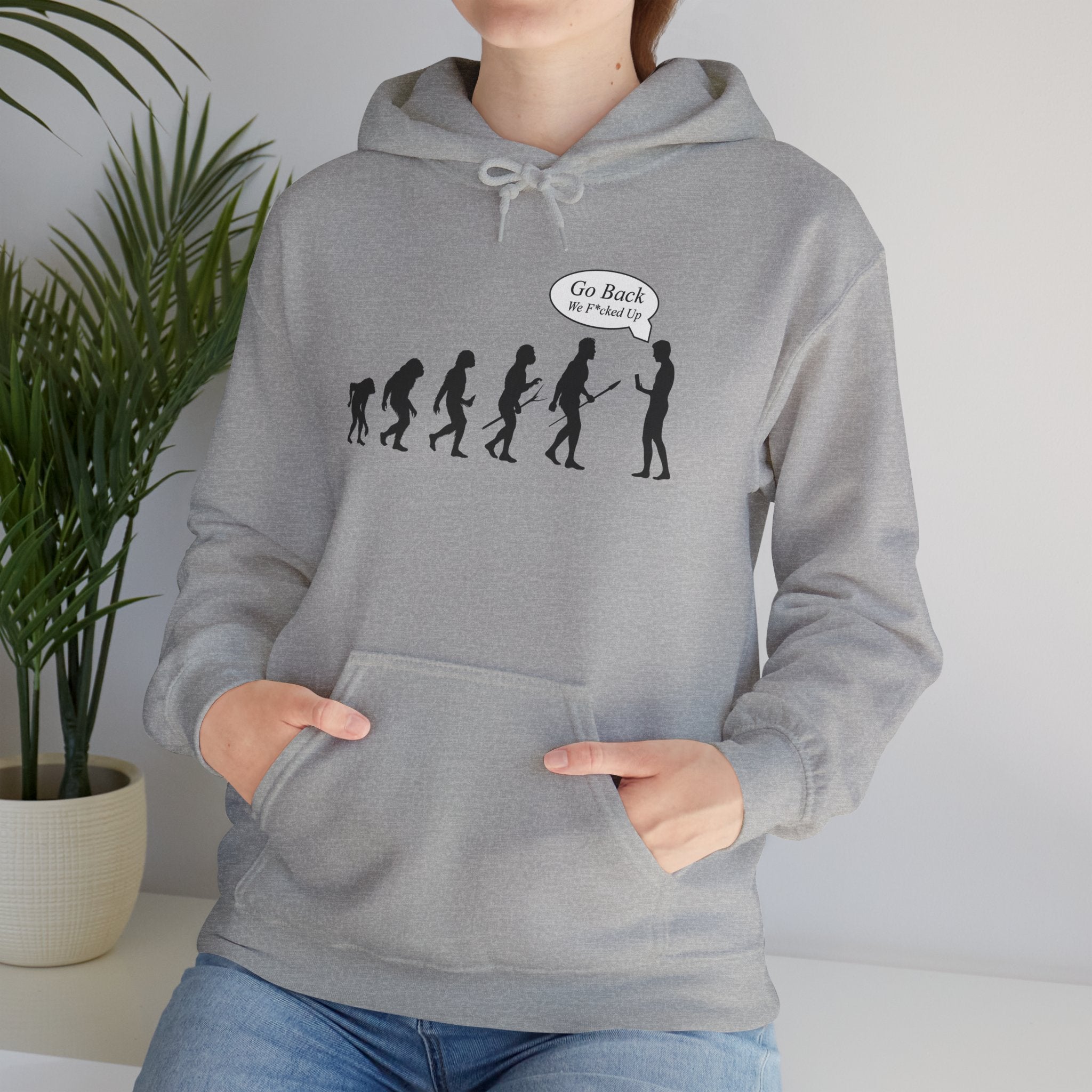 Evolution Graphic Hoodie – "Go Back" Satirical Evolution Sweatshirt