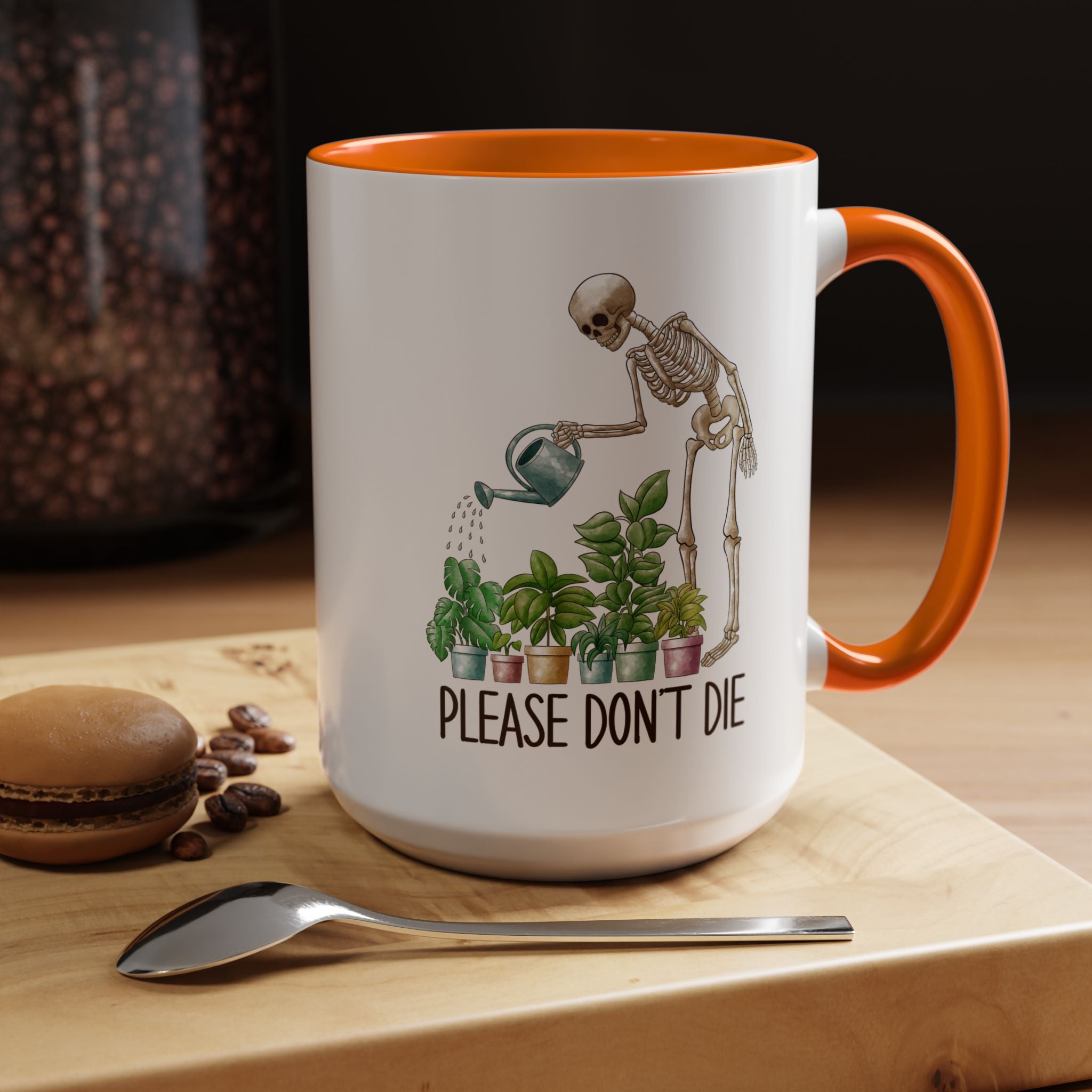 Funny Coffee Mug, Personalized Mug, Skeleton Watering Plants Saying Please Don't Die,  Accent Cup (11, 15oz), Gift Under 20, White Elephant