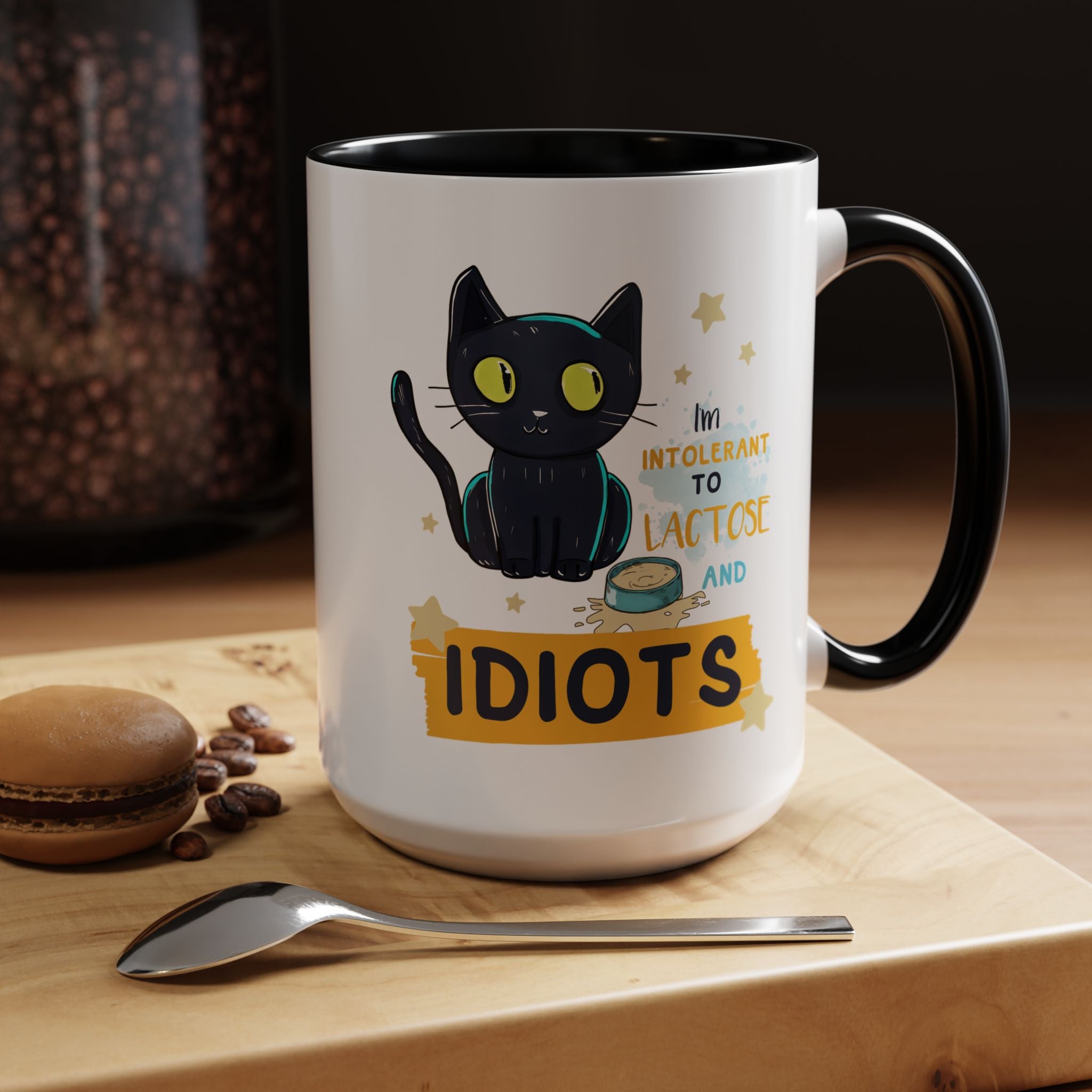 Funny Coffee Mug, Personalized Mug, Cute Cat Intolerant To Lactose and Idiots Accent Cup (11, 15oz), Gift Under 20, White Elephant gift