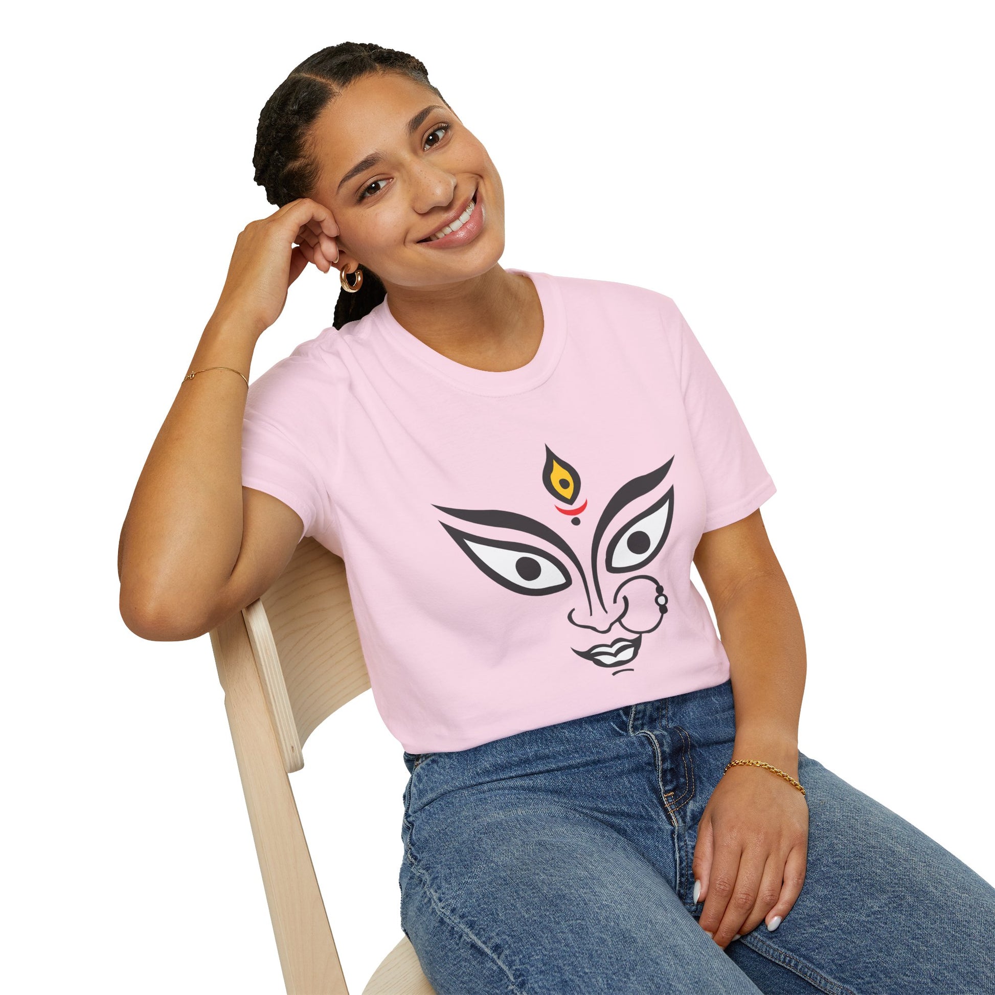 Woman wearing pink Durga Maa graphic t-shirt, perfect gift for Diwali, Navratri, Durga Pooja, Hindu festival clothing.