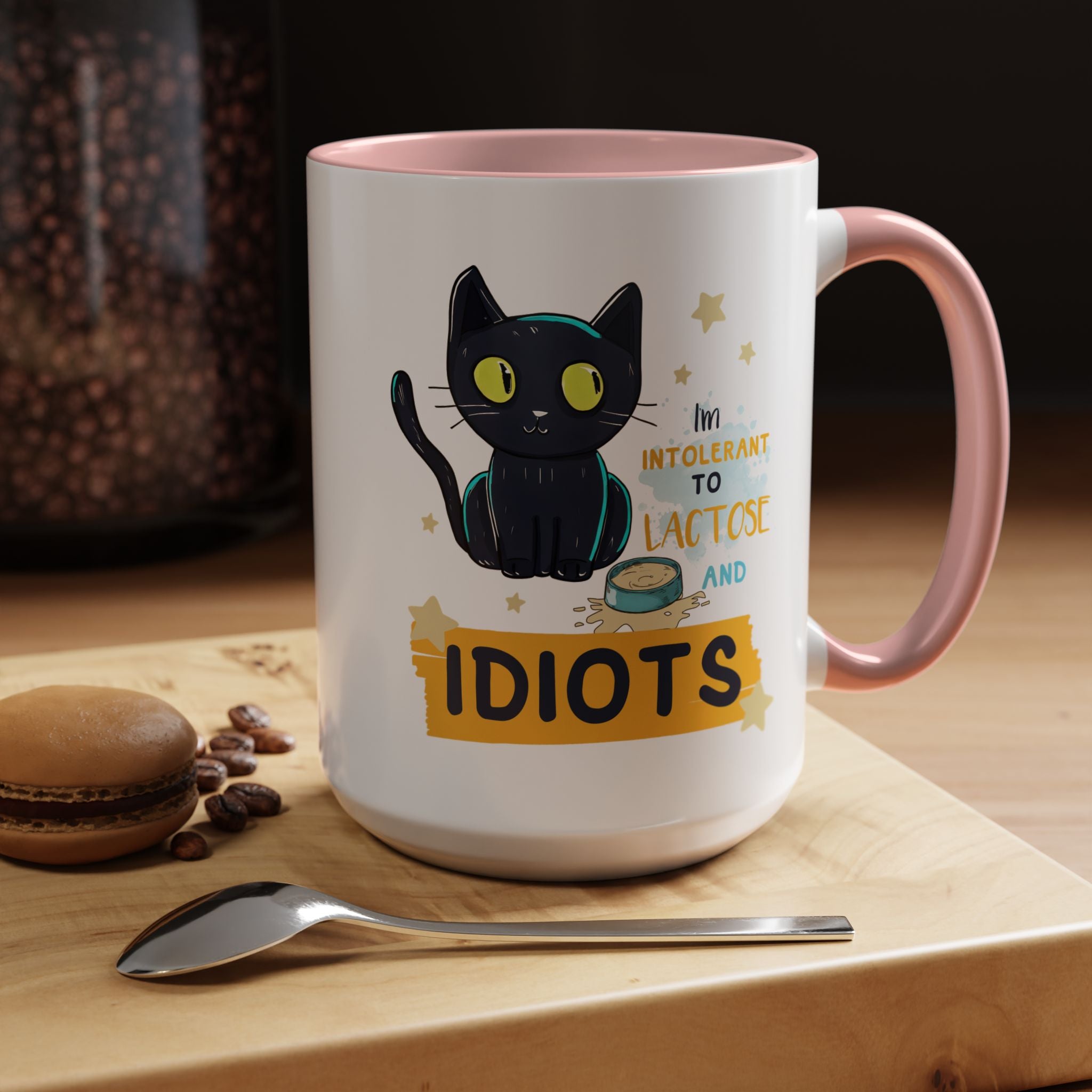 Funny Coffee Mug, Personalized Mug, Cute Cat Intolerant To Lactose and Idiots Accent Cup (11, 15oz), Gift Under 20, White Elephant gift