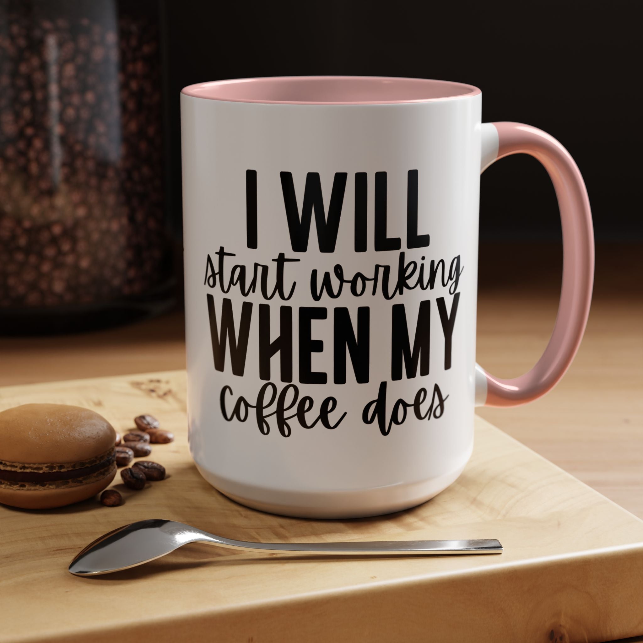 Funny Coffee Mug, Personalized Mug, I Will Start Working When My Coffee Does Accent Cup (11, 15oz), Gift Under 20, White Elephant