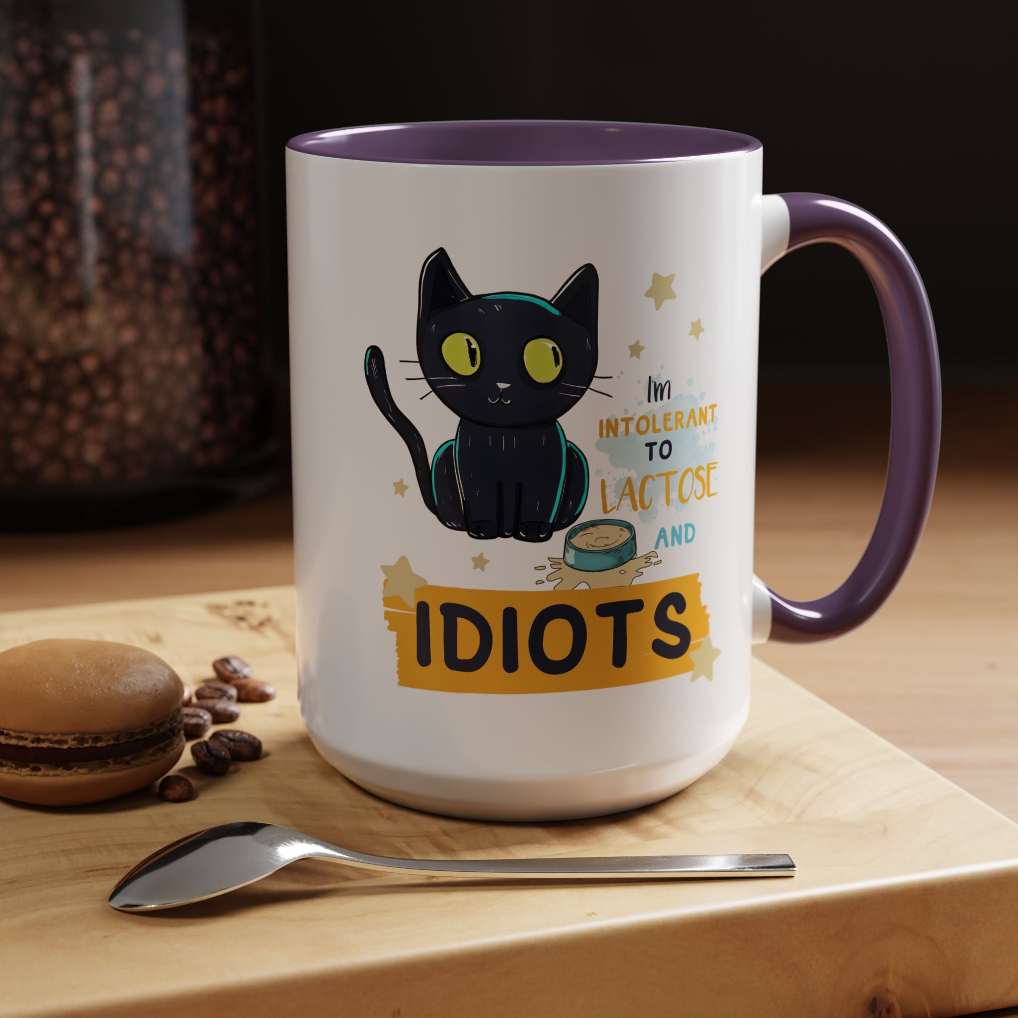 Funny Coffee Mug, Personalized Mug, Cute Cat Intolerant To Lactose and Idiots Accent Cup (11, 15oz), Gift Under 20, White Elephant gift