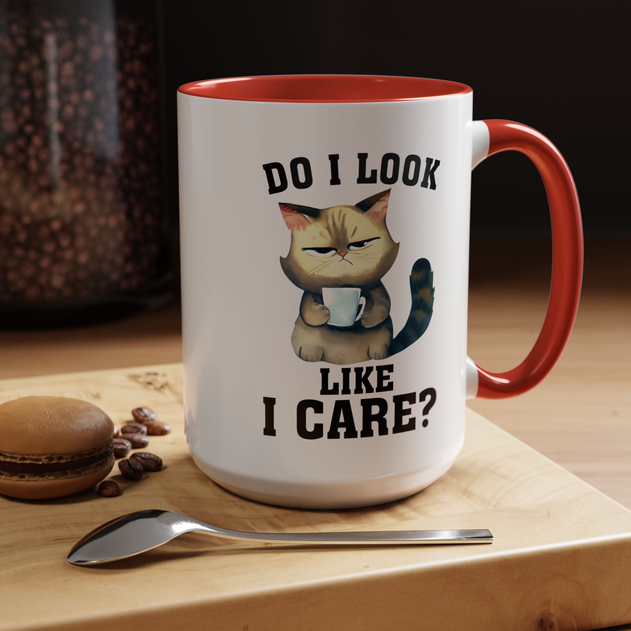 Funny Coffee Mug, Personalized Mug, Grumpy Cat DO I Look Like I Care Accent Cup (11, 15oz), Gift Under 20, White Elephant gift