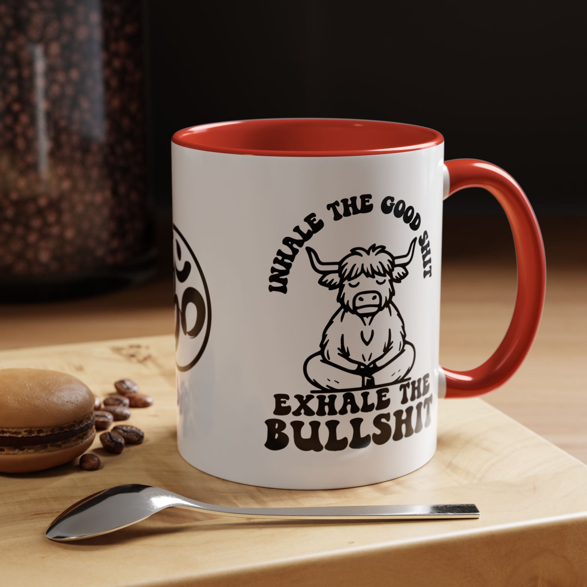 Inhale the Good Shit Exhale The Bullshit Cute Cow Chanting Om Accent Coffee Mug (11, 15oz)