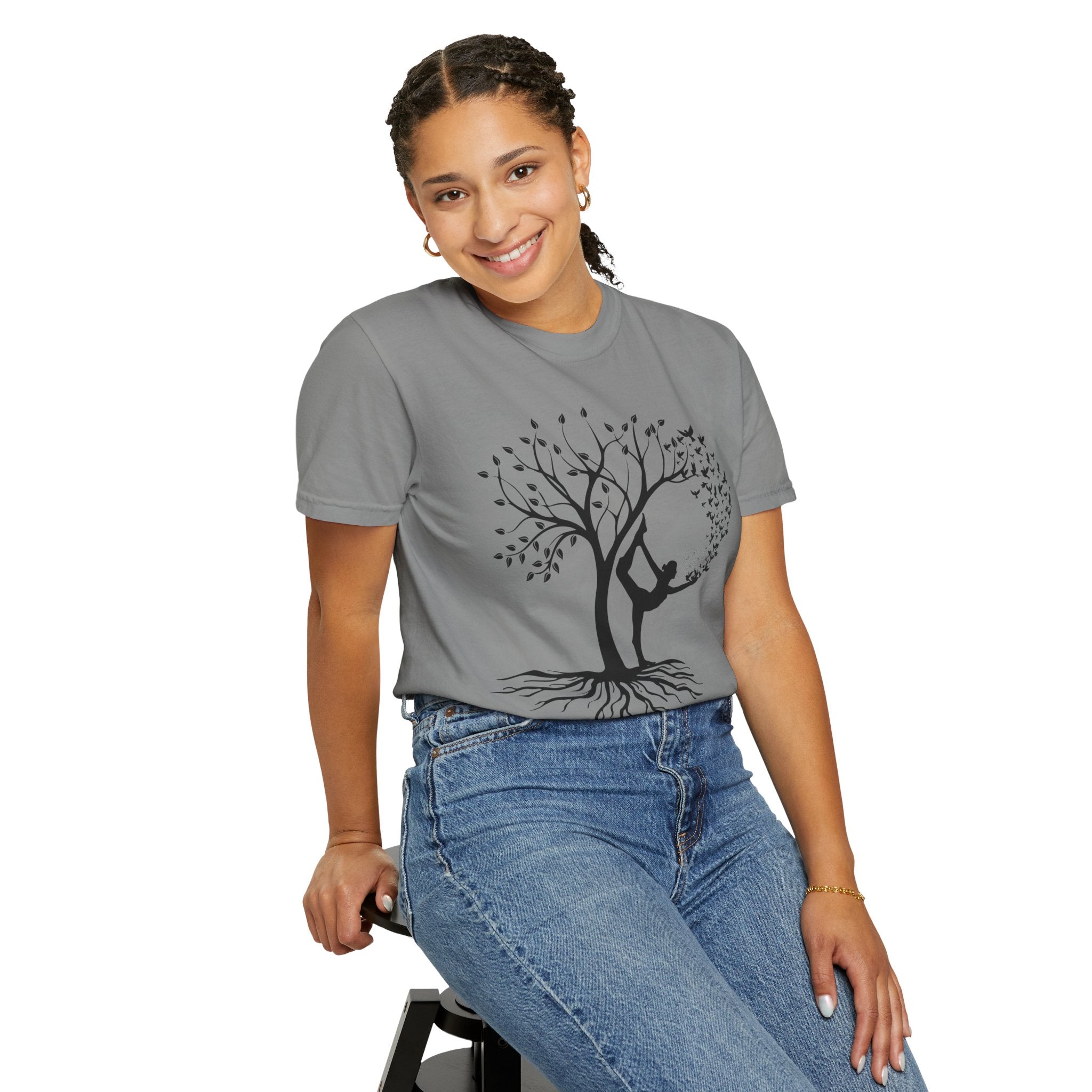 Woman Yoga Tree & Bird Meditation T-Shirt — Calming, Positive Motivational Tee