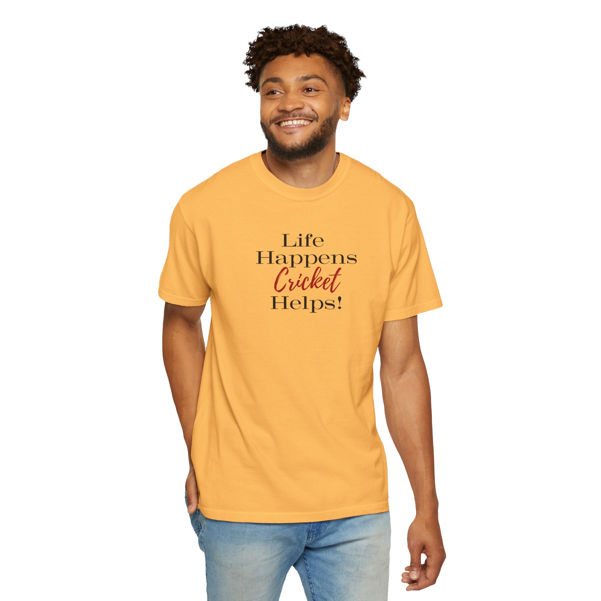 Life Happens, Cricket Helps !!, unique style cricket lover T-Shirt Lifestyle Mockup | Nutty Designs