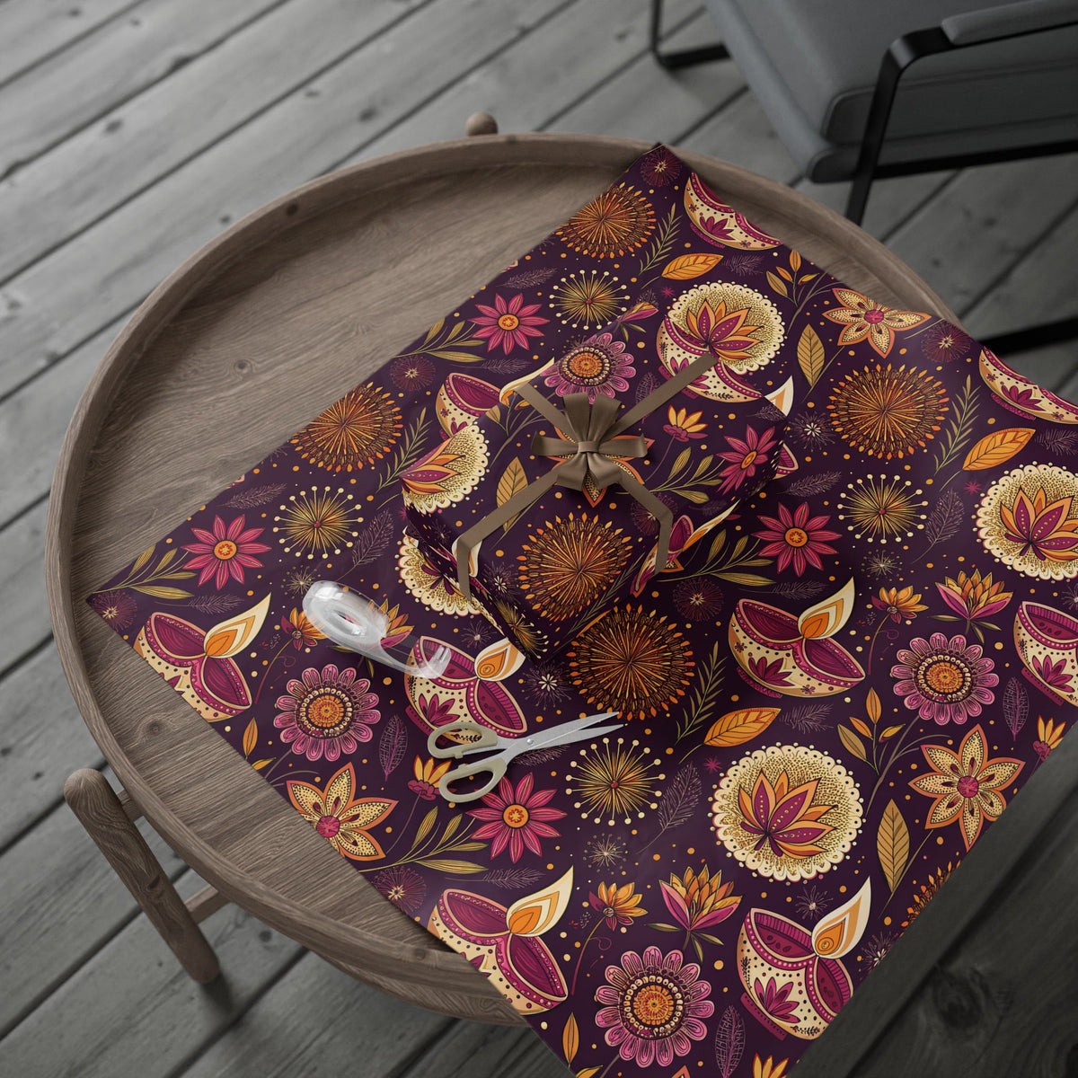 Diwali Wrapping Paper Roll - Purple Diyas & Floral Indian Gift Wrap