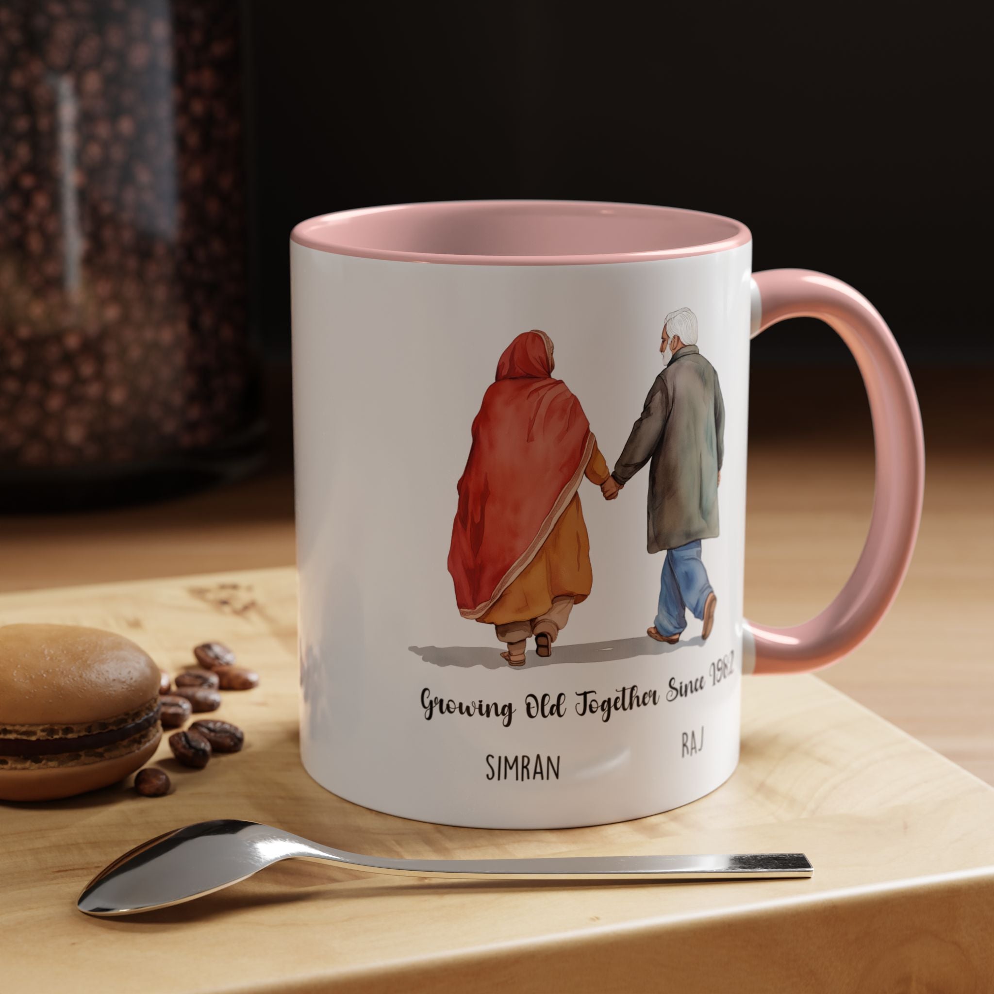 Funny Coffee Mug, Personalized Mug, Growing Old Together Since Indian Couple Accent Cup 11/15oz, Anniversary, Wedding, Romantic For Him her