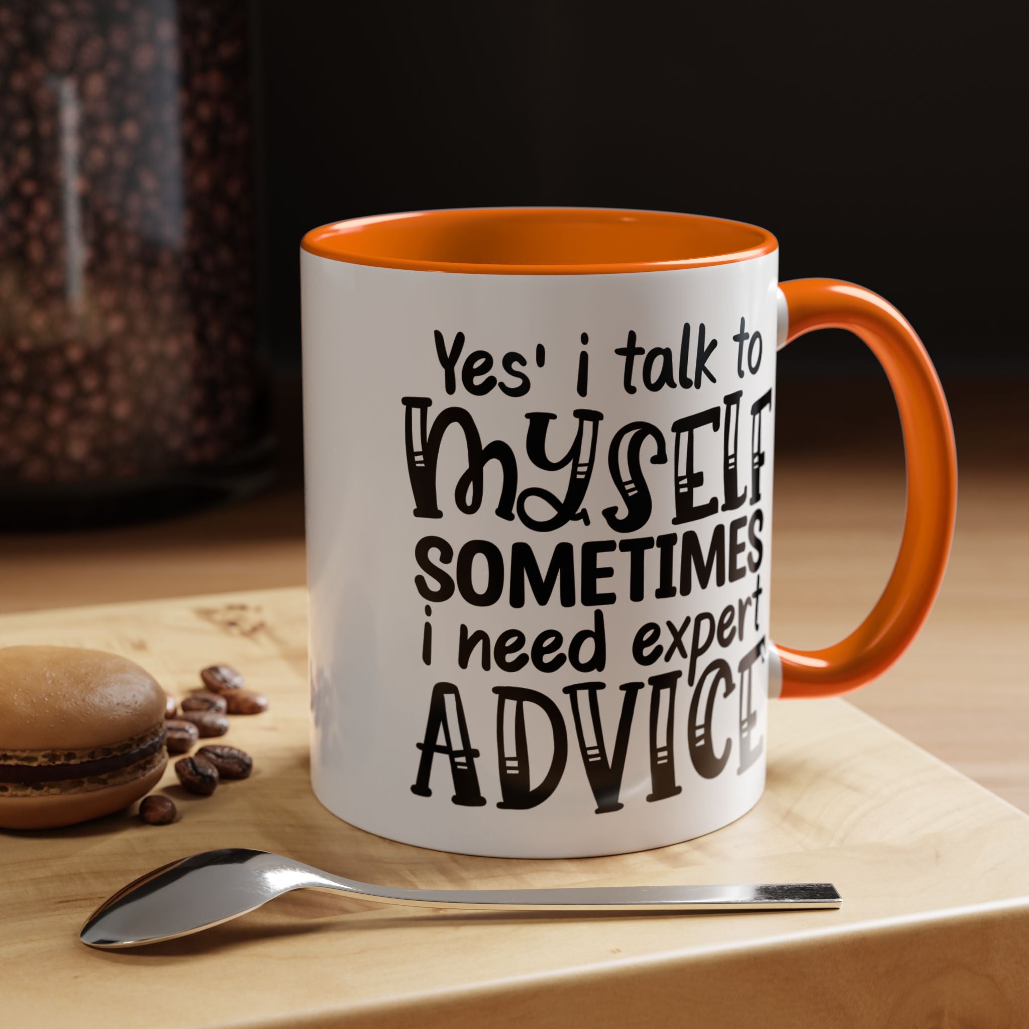 Funny Coffee Mug, Personalized Mug, Yes I Talk To Myself Sometimes I need Expert Advice Accent Cup (11, 15oz), Gift Under 20, White Elephant