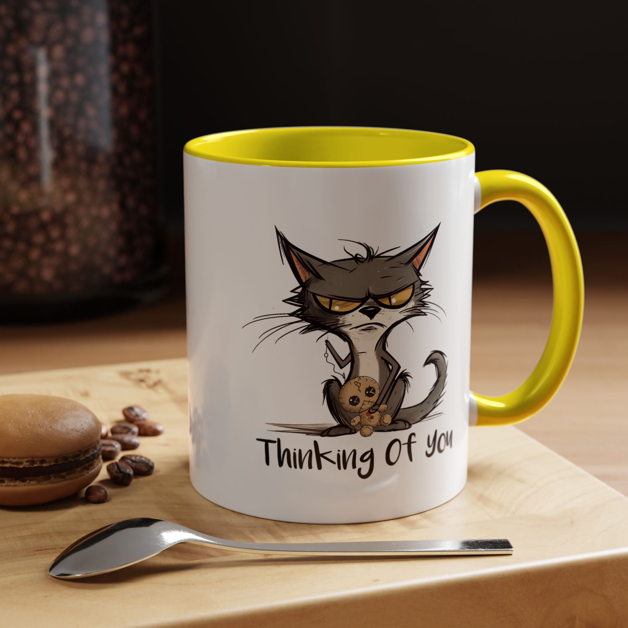 Funny Coffee Mug, Personalized Mug, Thinking Of You, Grumpy Cat Holding Voodoo Doll  Accent Cup (11, 15oz), Gift Under 20, White Elephant