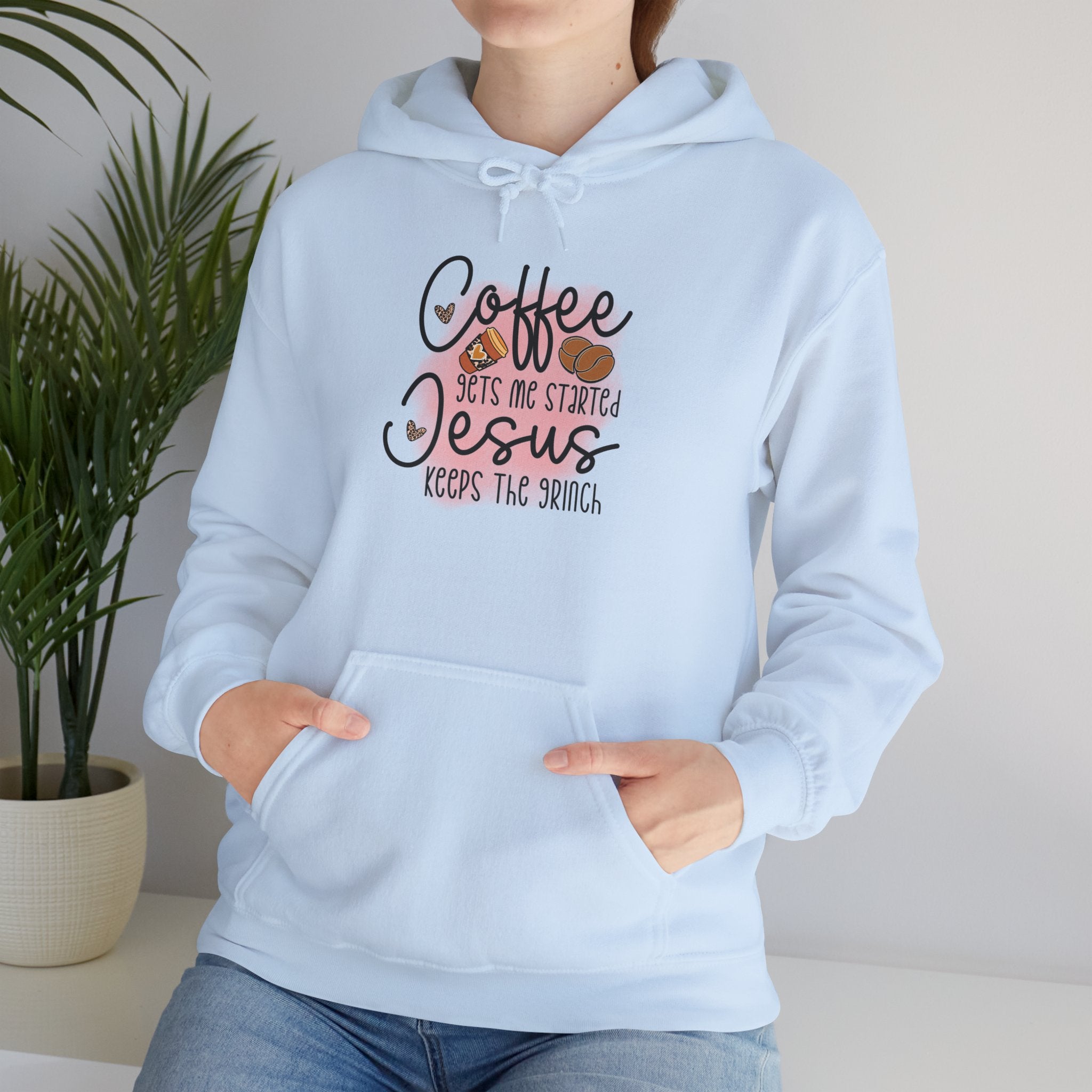 Coffee Jesus Hoodie — "Coffee Gets Me Started, Jesus Keeps The Switch" Christian Graphic Sweatshirt