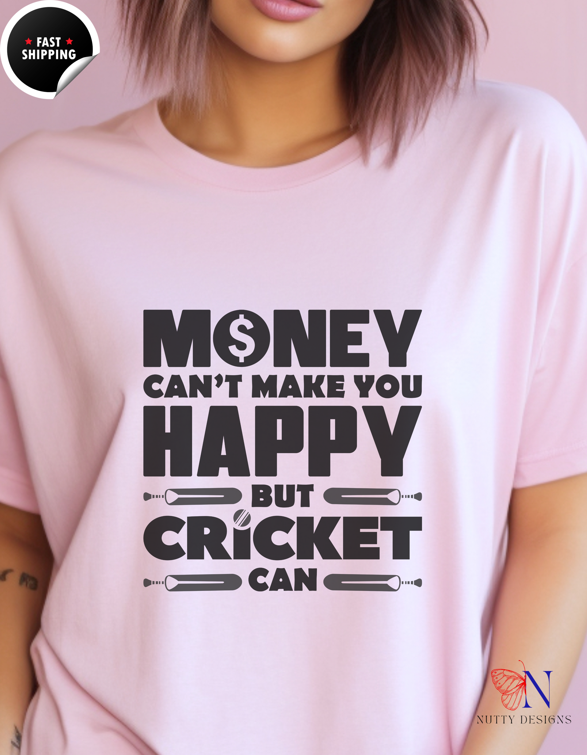 Money can't make you happy but Cricket can, unique T-Shirt Lifestyle Mockup | Nutty Designs