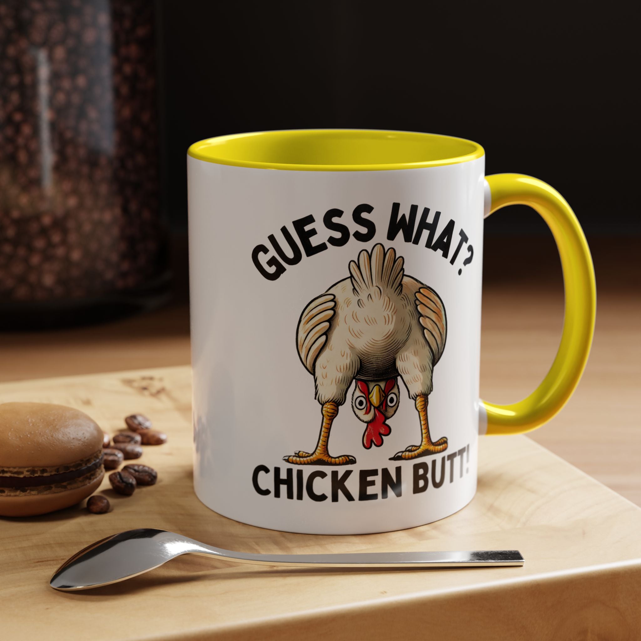 Funny Coffee Mug, Personalized Mug, Guess What Chicken Butt Accent Cup, Gift Under 20, White Elephant gift