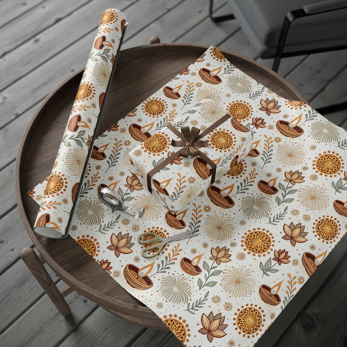 Diwali Wrapping Paper Roll - Ivory Botanical Diyas Indian Gift Wrap