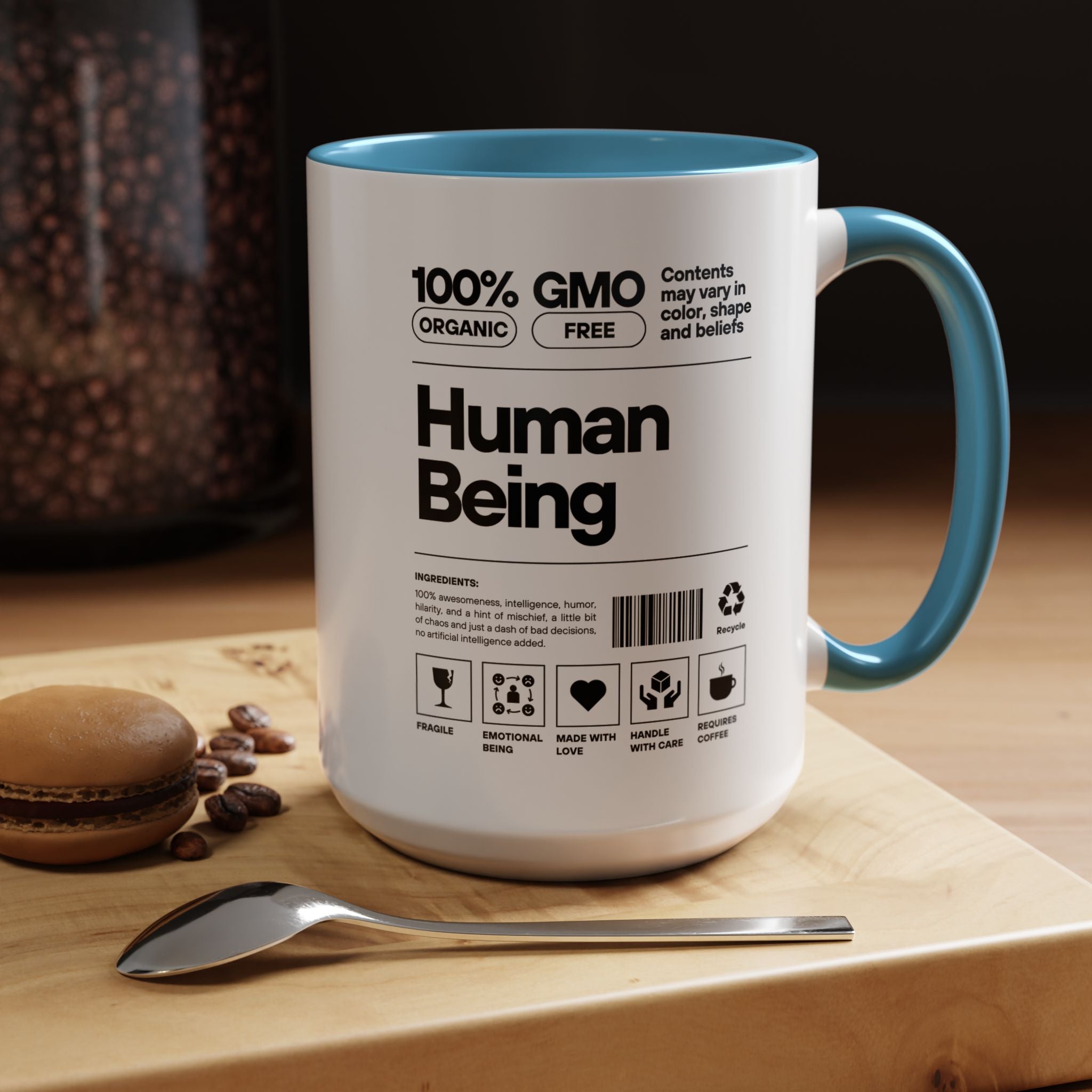 Personalized Mug, Human Being Nutrition Facts Accent Cup (11, 15oz), Gift Under 20, White Elephant gift