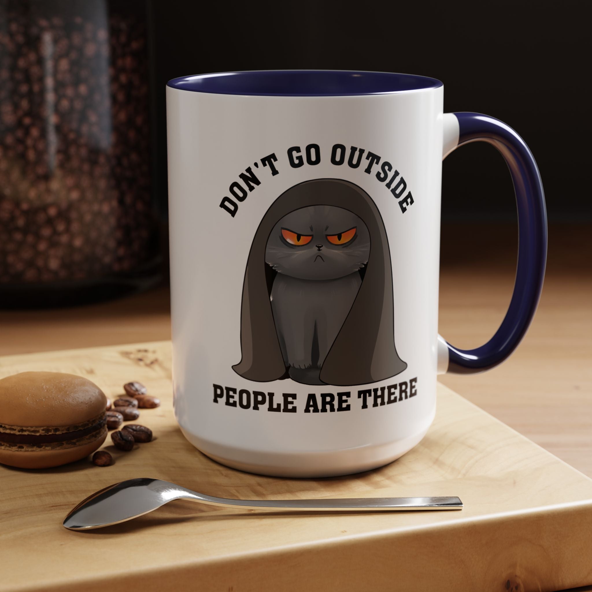 Funny Coffee Mug, Personalized Mug, Grumpy Cat Don't Go Outside People Are There Accent Cup (11, 15oz), Gift Under 20, White Elephant