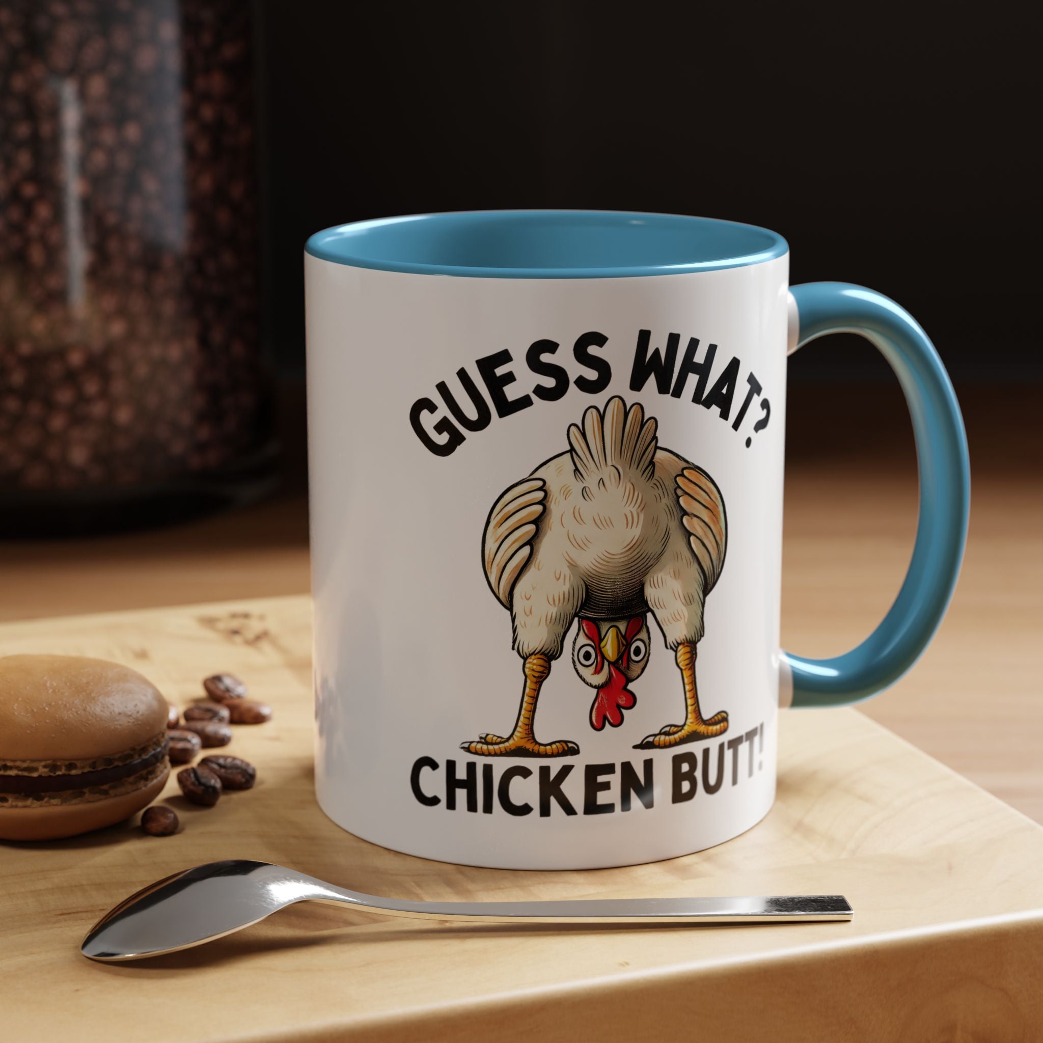 Funny Coffee Mug, Personalized Mug, Guess What Chicken Butt Accent Cup, Gift Under 20, White Elephant gift