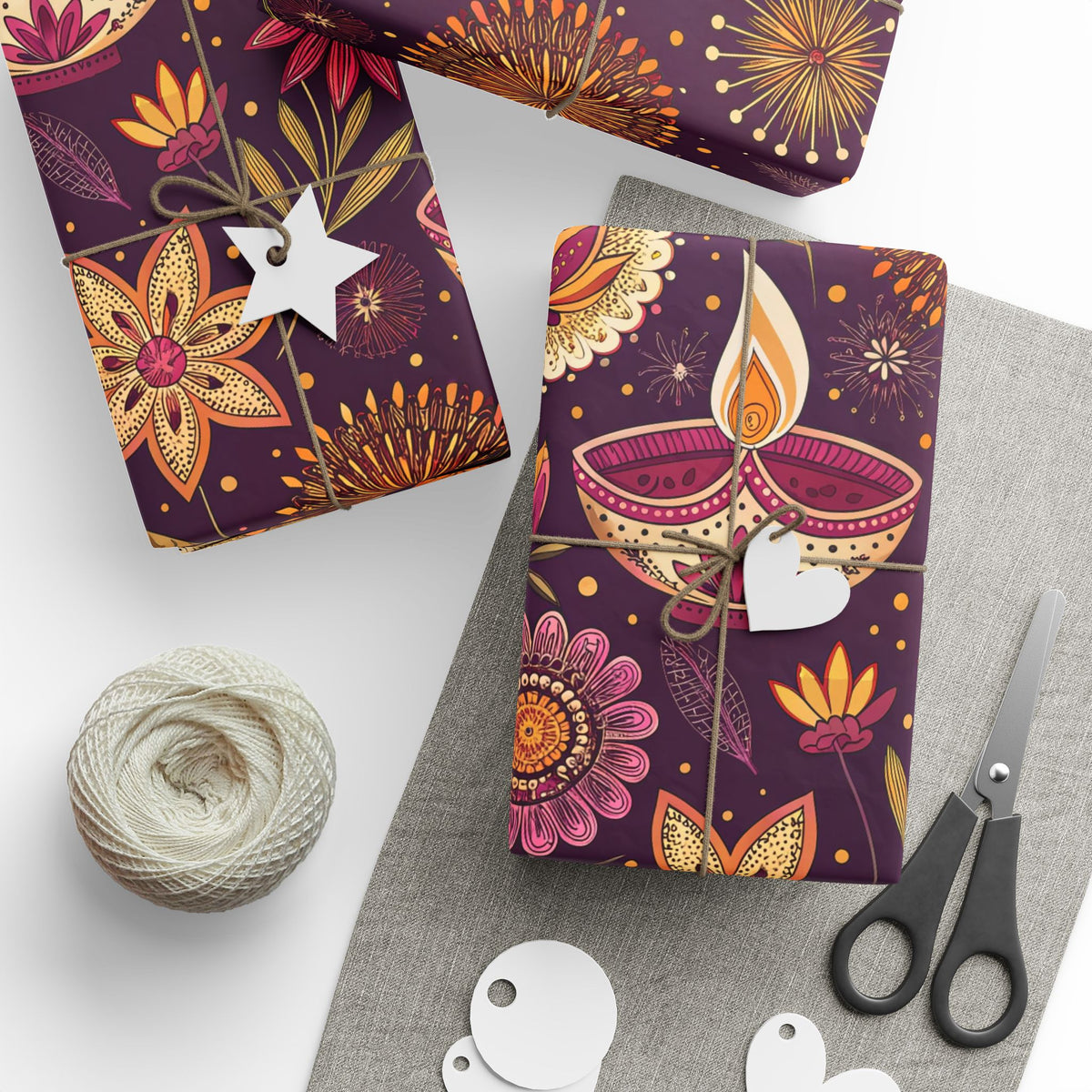 Diwali Wrapping Paper Roll - Purple Diyas & Floral Indian Gift Wrap