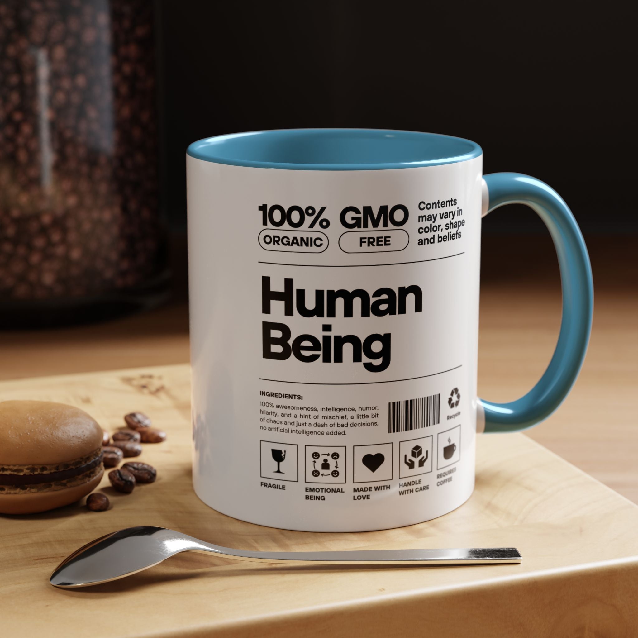 Personalized Mug, Human Being Nutrition Facts Accent Cup (11, 15oz), Gift Under 20, White Elephant gift