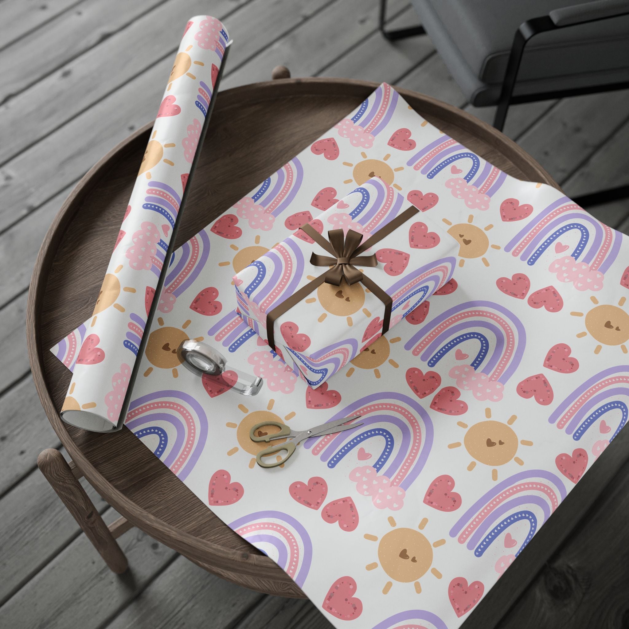 Valentines Boho Rainbow Hearts Pattern, Abstract Sun and Waves Wrapping Paper