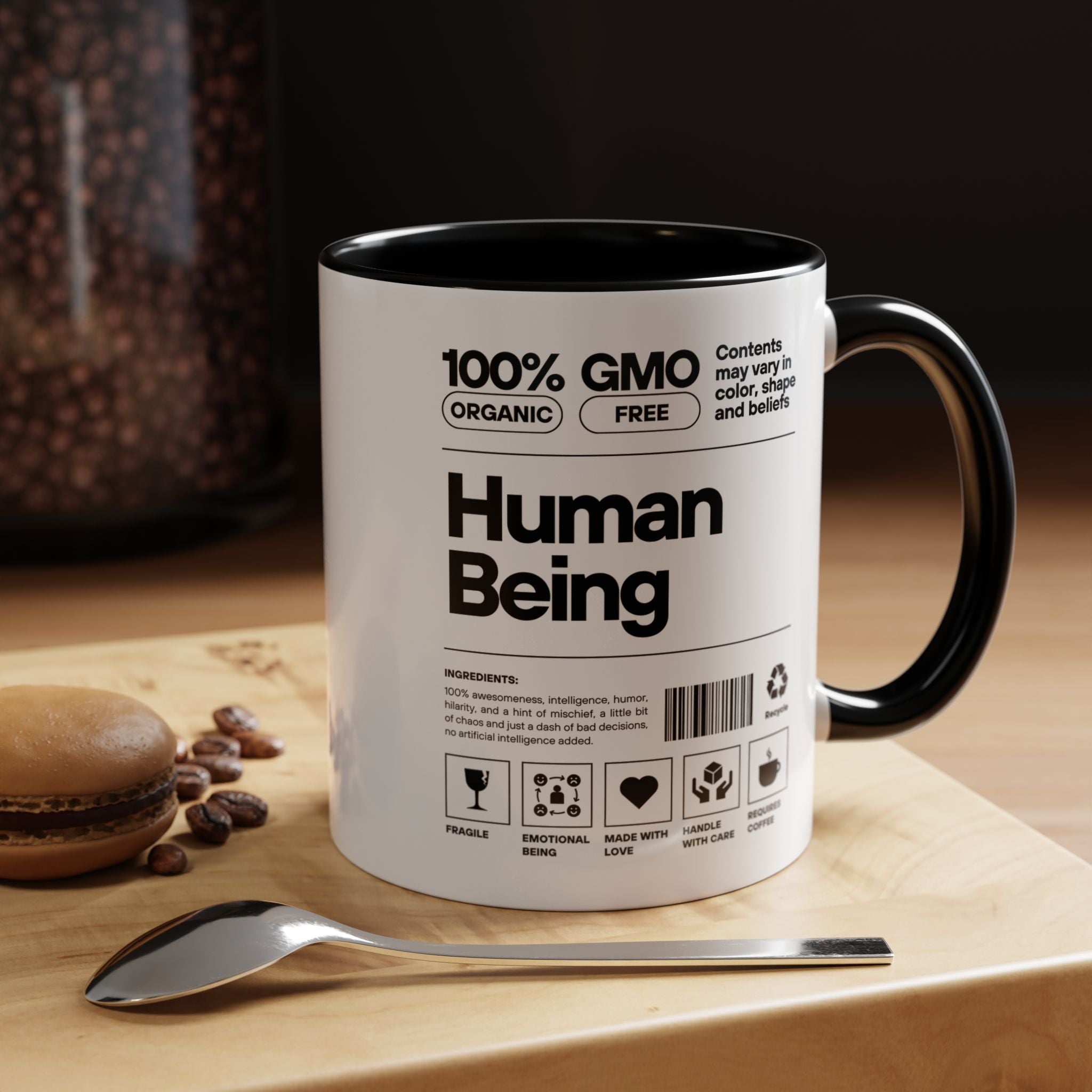 Personalized Mug, Human Being Nutrition Facts Accent Cup (11, 15oz), Gift Under 20, White Elephant gift