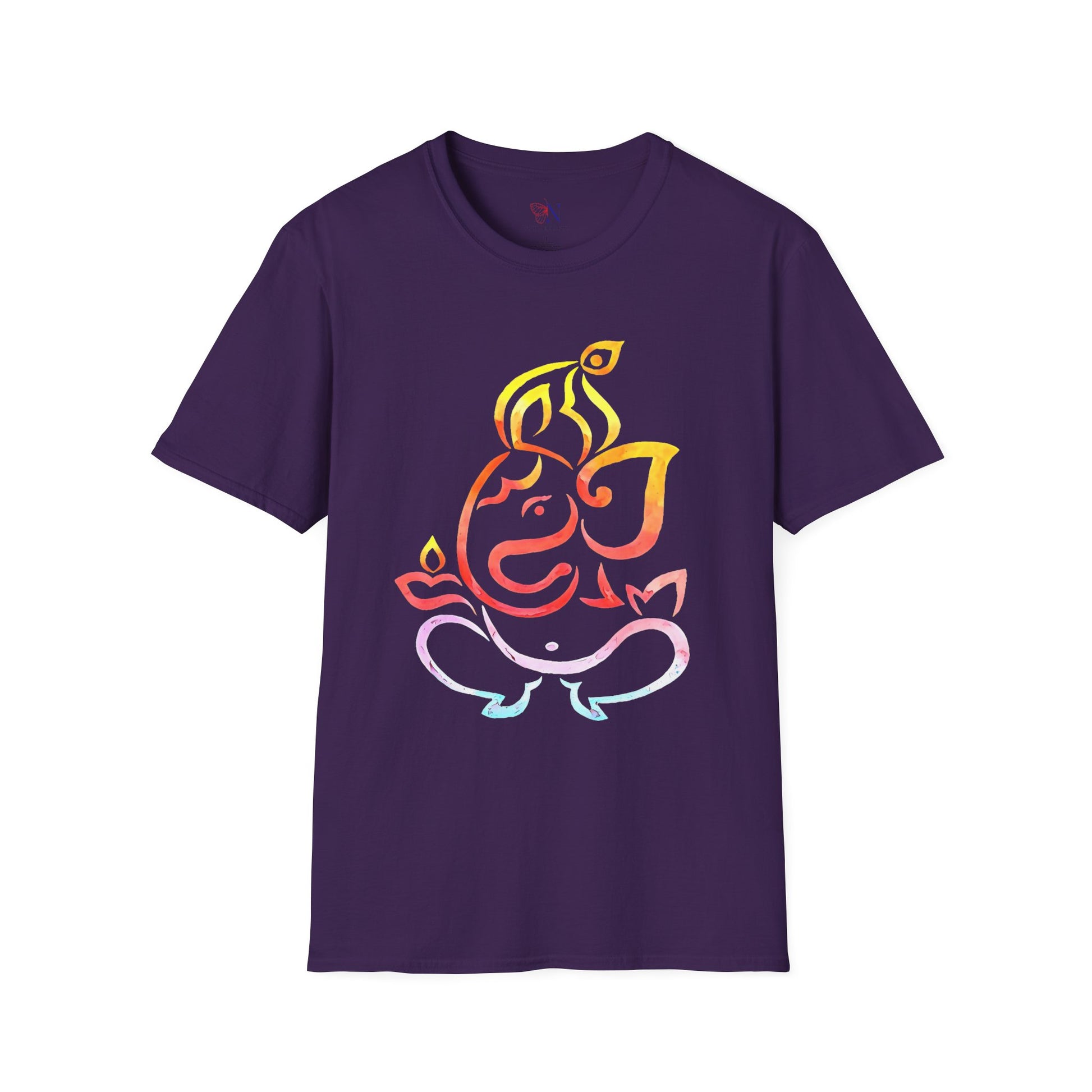 Colorful Ganesha graphic T-shirt with vibrant design on a dark fabric background, available in graphic Print-On-Demand style.