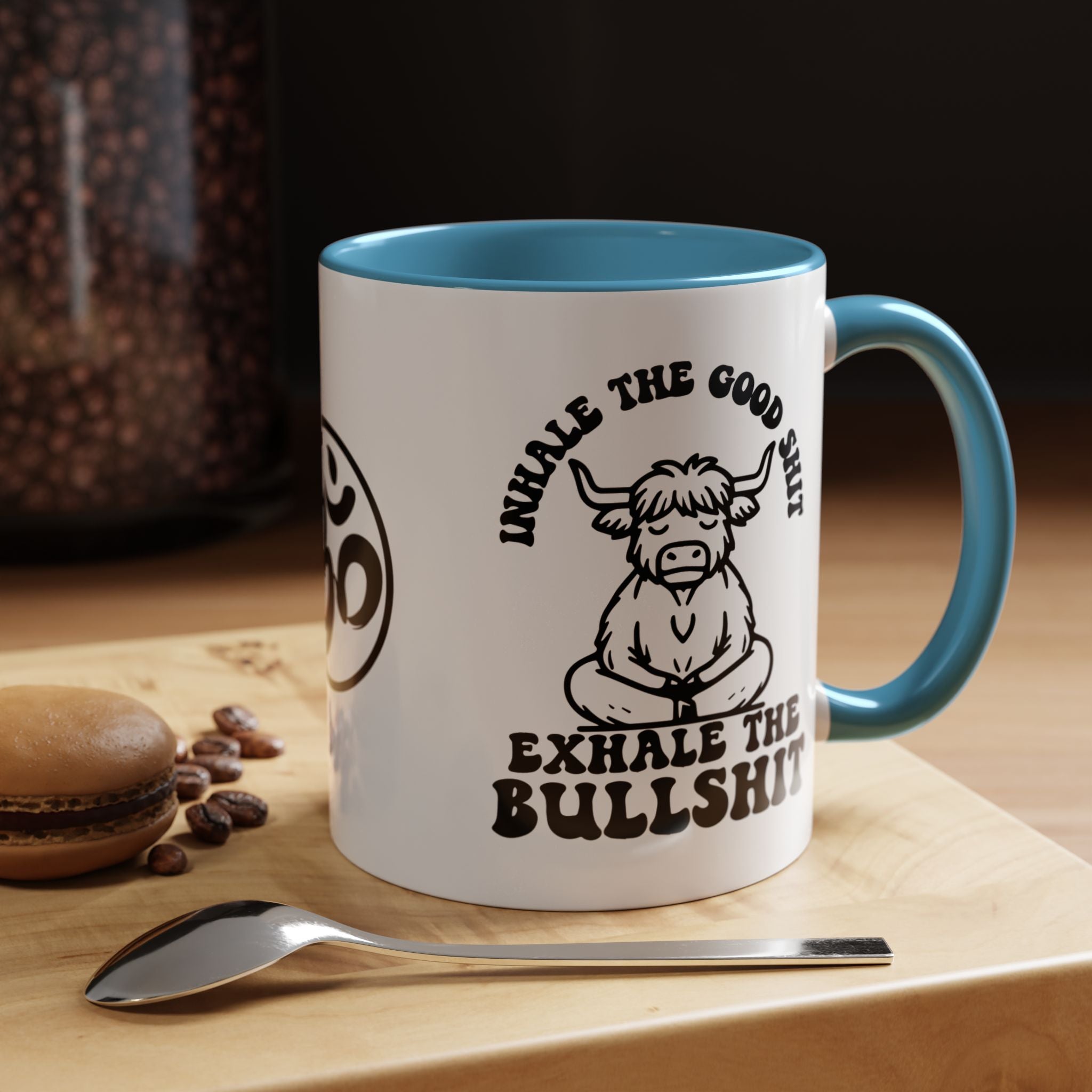 Inhale the Good Shit Exhale The Bullshit Cute Cow Chanting Om Accent Coffee Mug (11, 15oz)