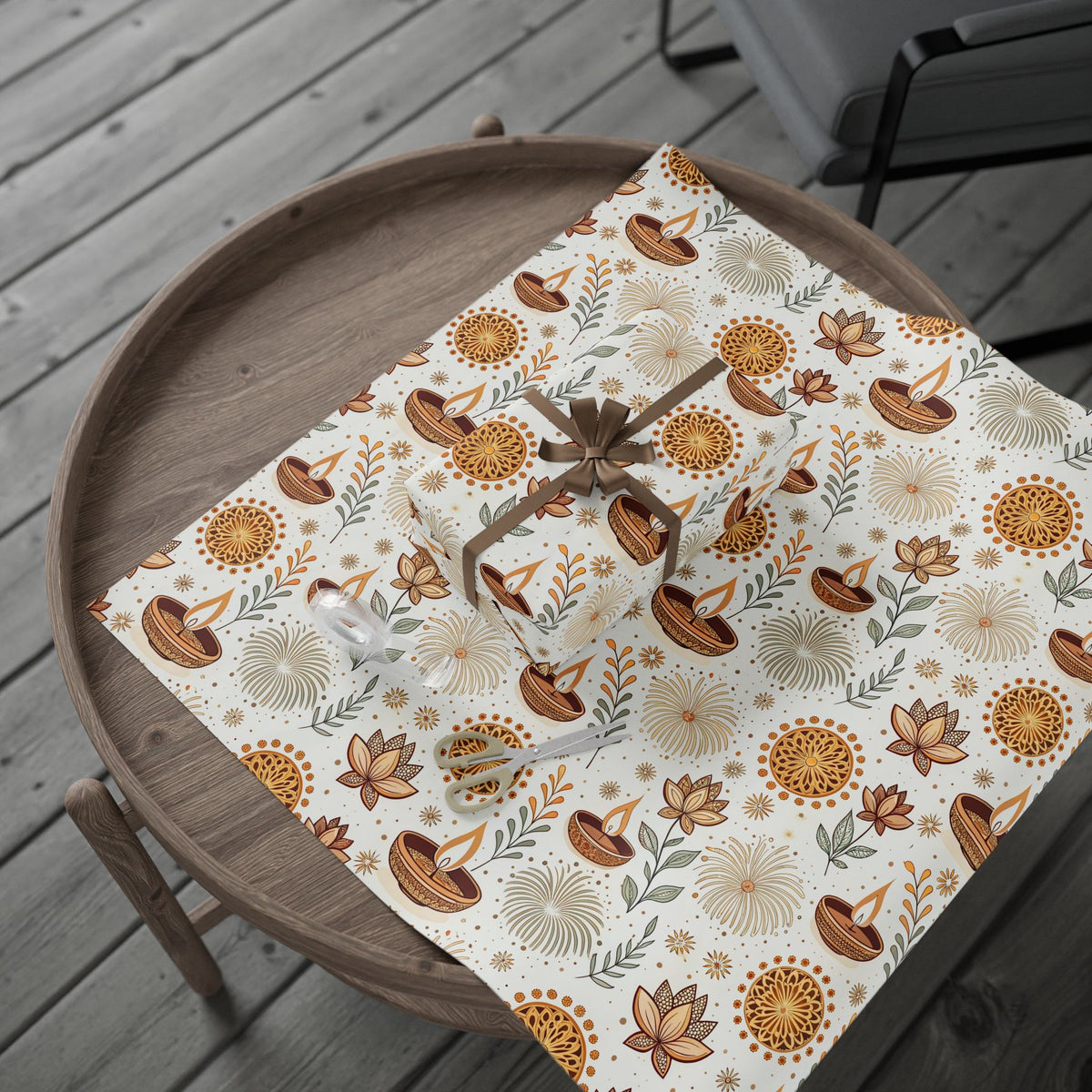 Diwali Wrapping Paper Roll - Ivory Botanical Diyas Indian Gift Wrap