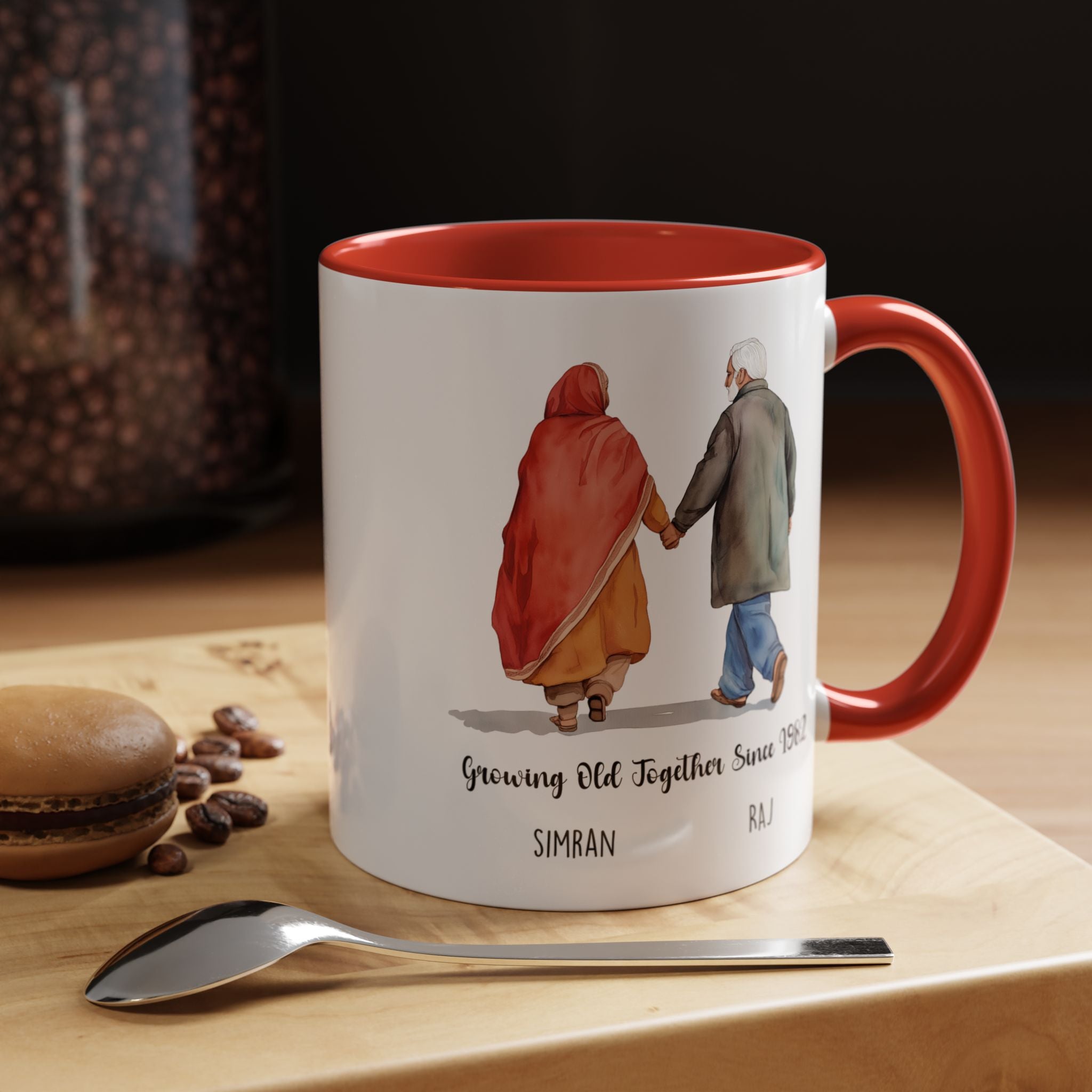 Funny Coffee Mug, Personalized Mug, Growing Old Together Since Indian Couple Accent Cup 11/15oz, Anniversary, Wedding, Romantic For Him her