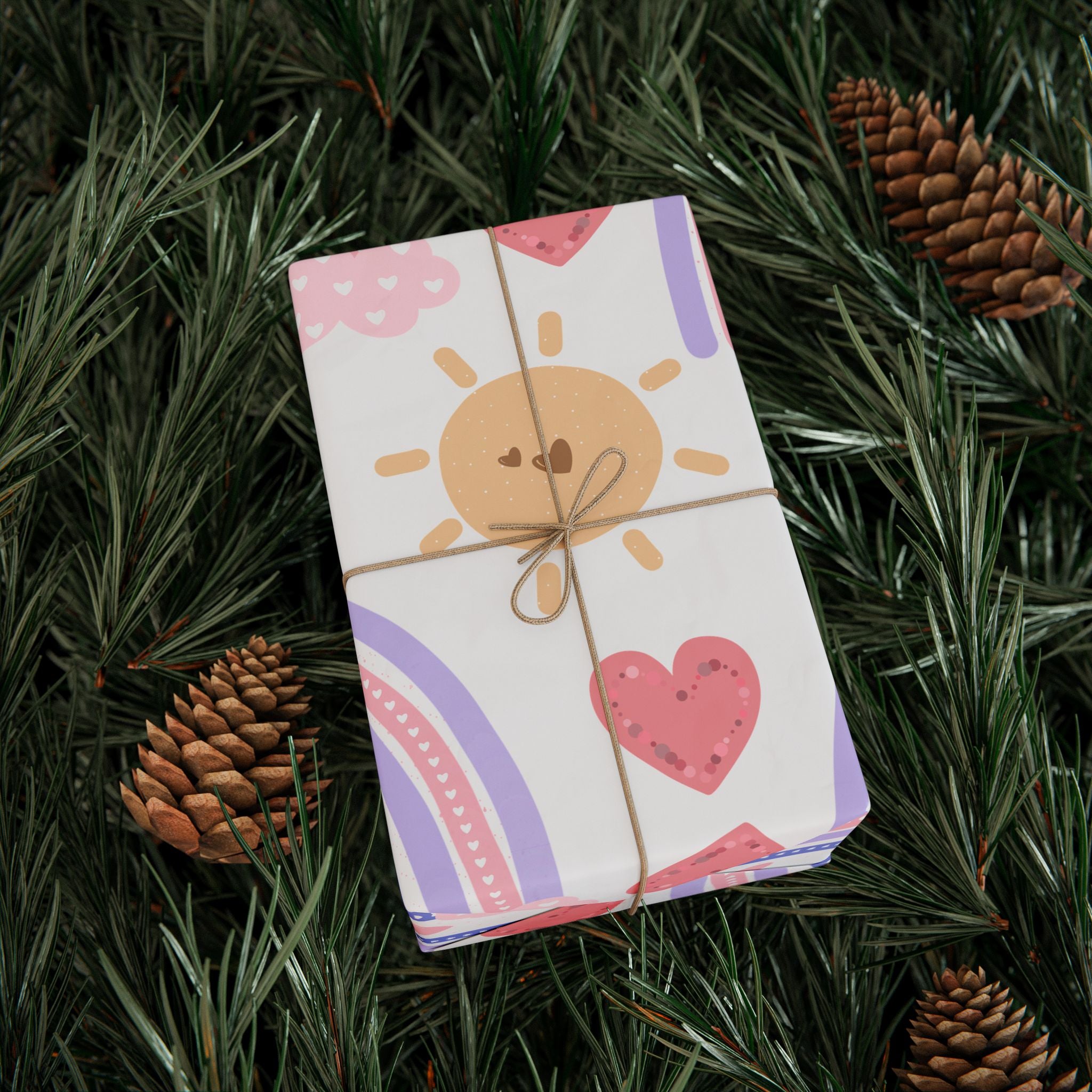 Valentines Boho Rainbow Hearts Pattern, Abstract Sun and Waves Wrapping Paper