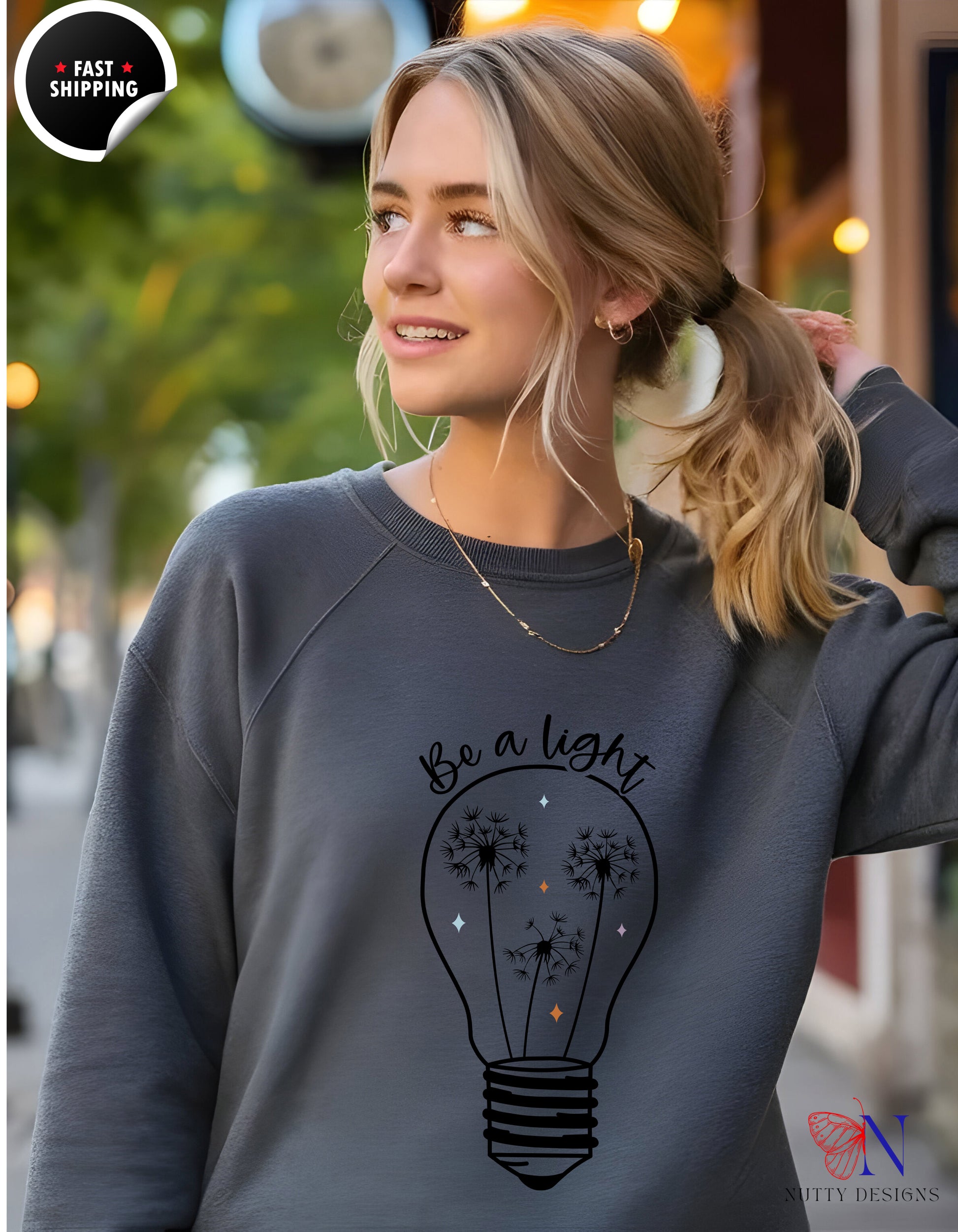 Lightweight Crewneck - Be a Light Design Sweatshirt Lifestyle Mockup | Nutty Designs