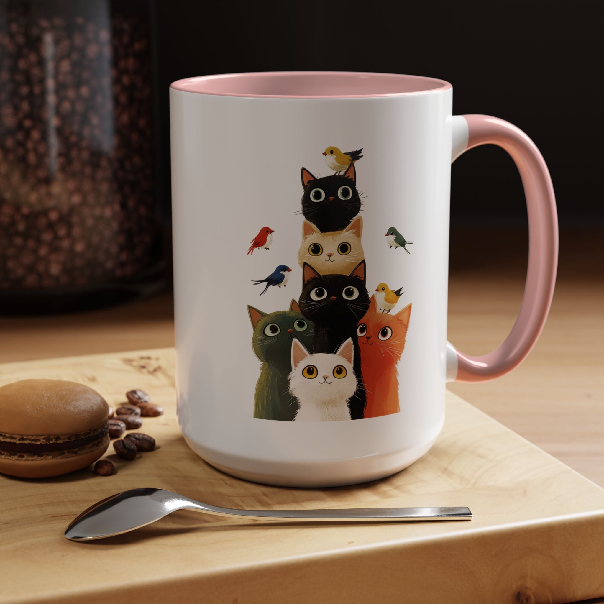 Funny Coffee Mug, Personalized Mug, Cats and Birds Accent Coffee Cup (11, 15oz), Gift Under 20, White Elephant gift, for animal & pet lovers