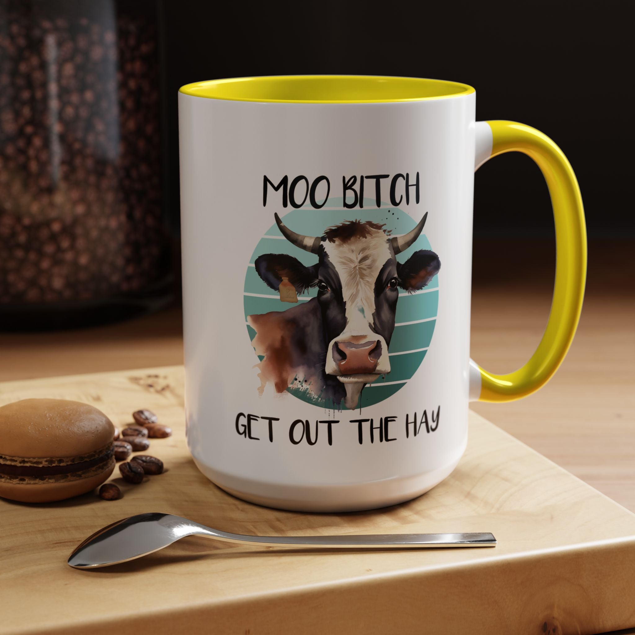 Funny Coffee Mug, Personalized Mug, Moo Bitch Get Out The Hay Accent Cup (11, 15oz), Gift Under 20, White Elephant gift