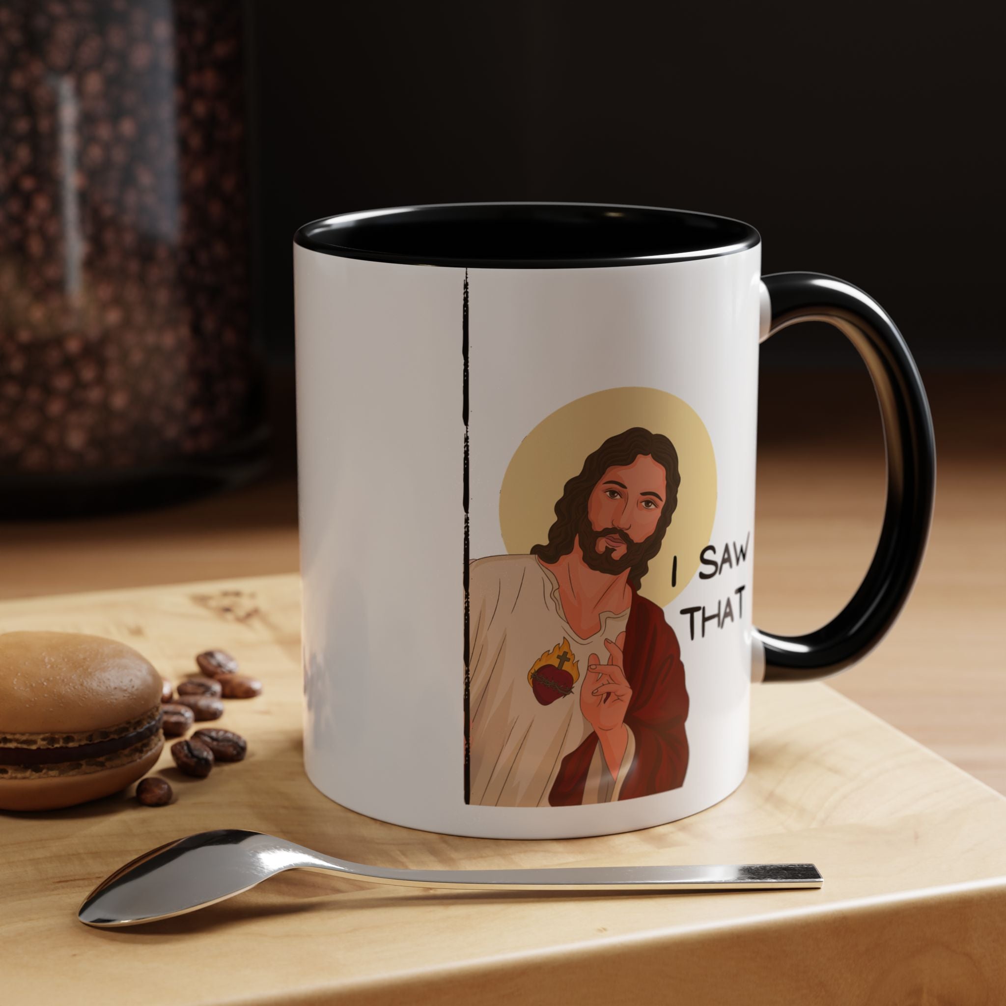 Peeking Jesus, I saw That Funny Coffee Mug, Personalized Mug, Accent Cup (11, 15oz), Gift Under 20, Gift for Atheist, faith based cup
