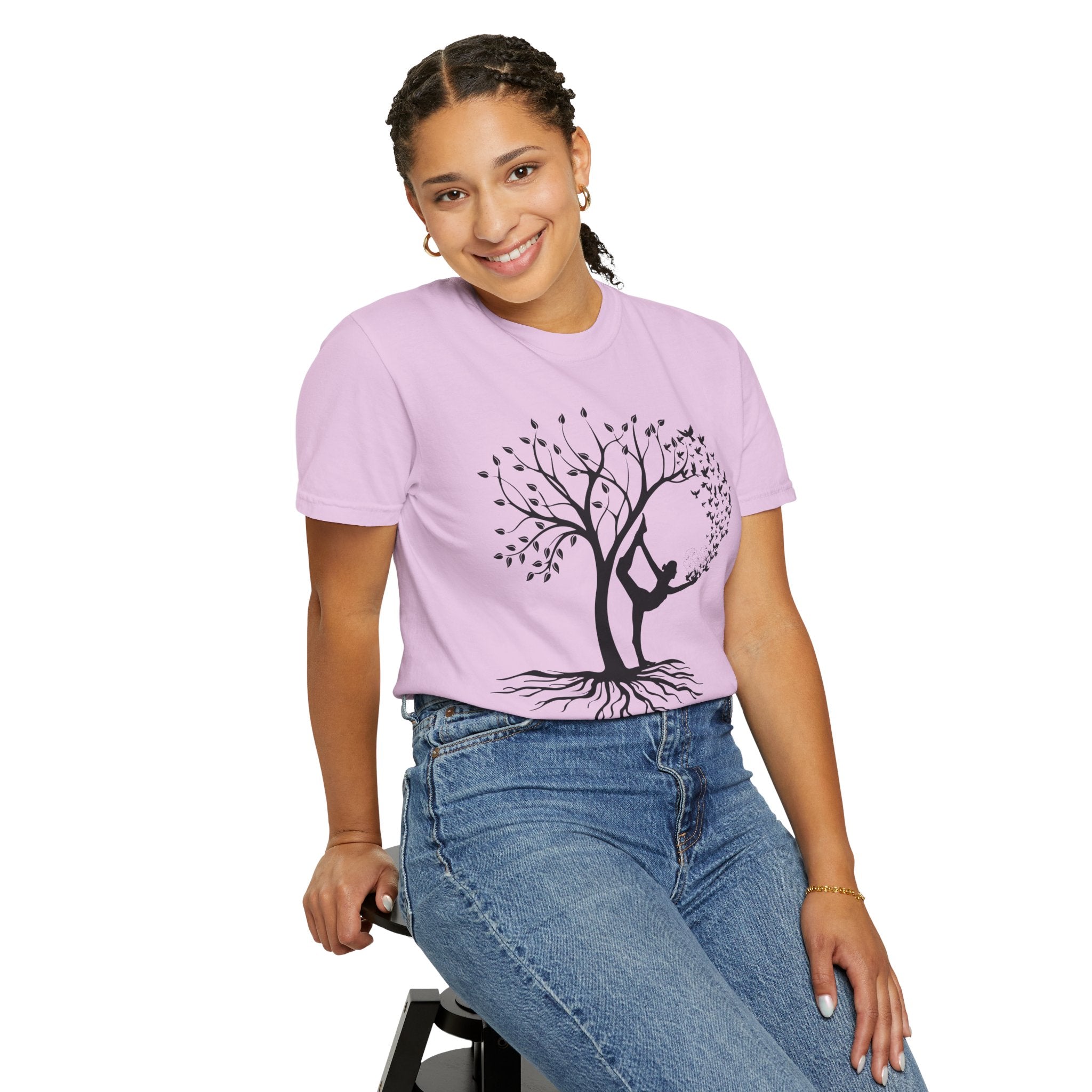 Woman Yoga Tree & Bird Meditation T-Shirt — Calming, Positive Motivational Tee