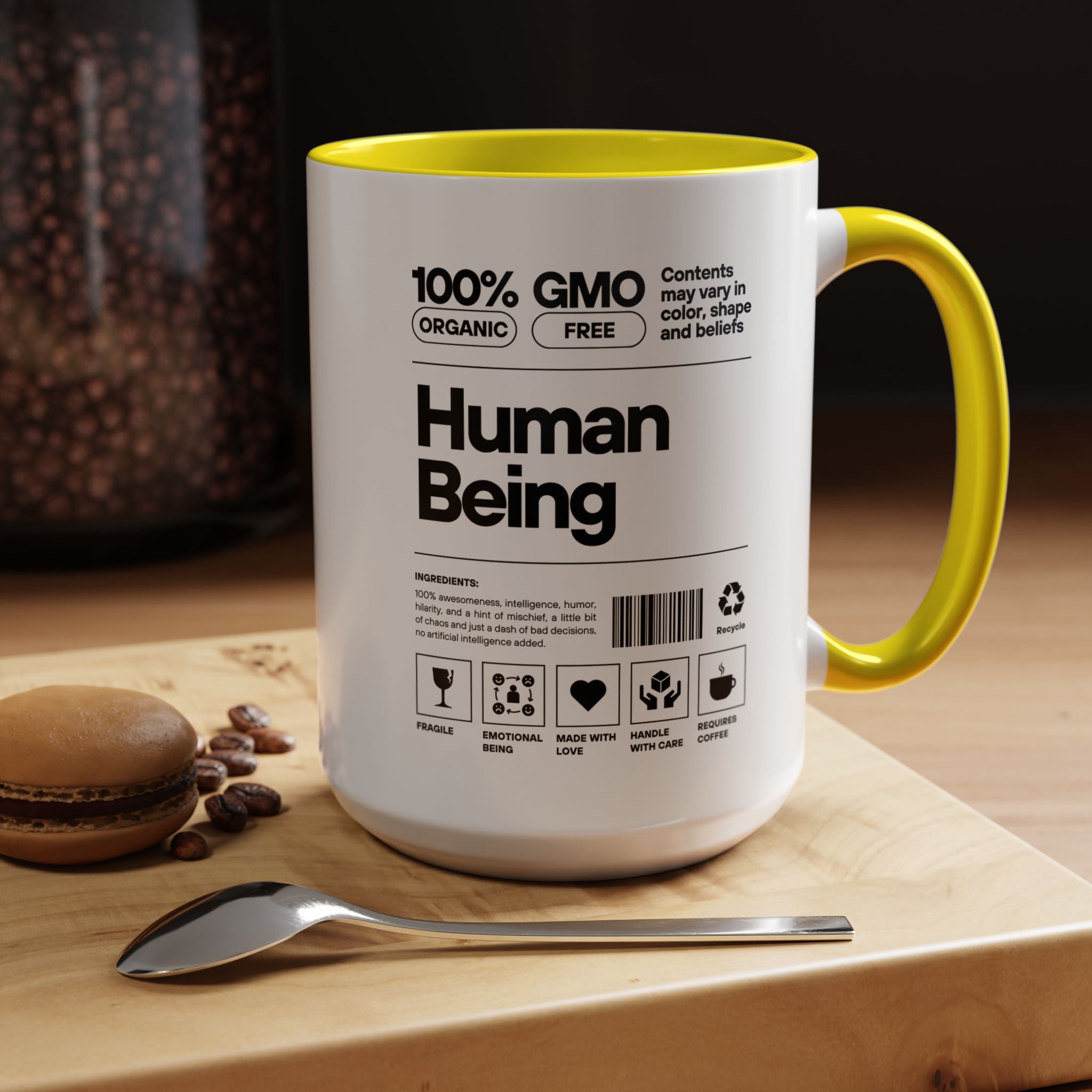 Personalized Mug, Human Being Nutrition Facts Accent Cup (11, 15oz), Gift Under 20, White Elephant gift