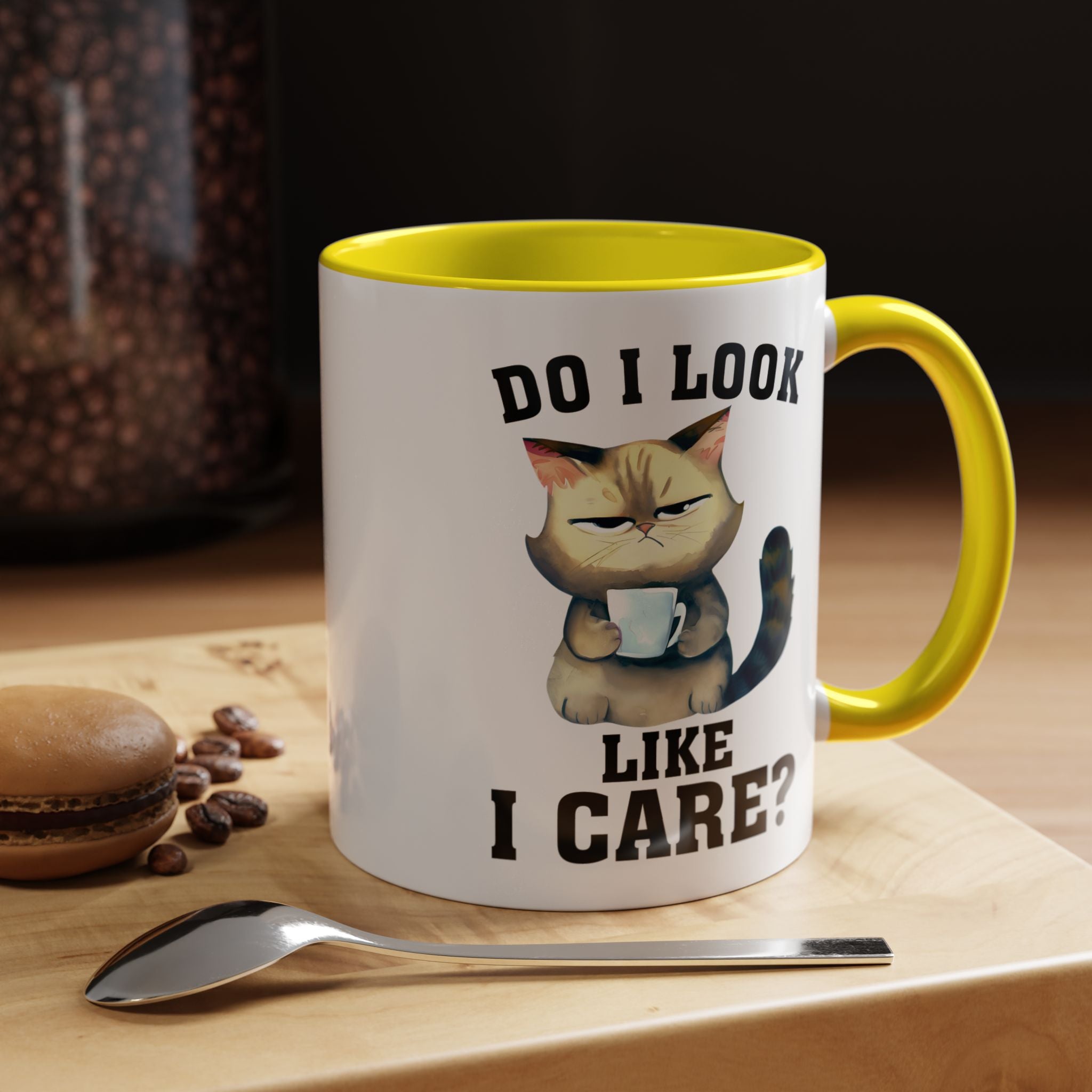 Funny Coffee Mug, Personalized Mug, Grumpy Cat DO I Look Like I Care Accent Cup (11, 15oz), Gift Under 20, White Elephant gift