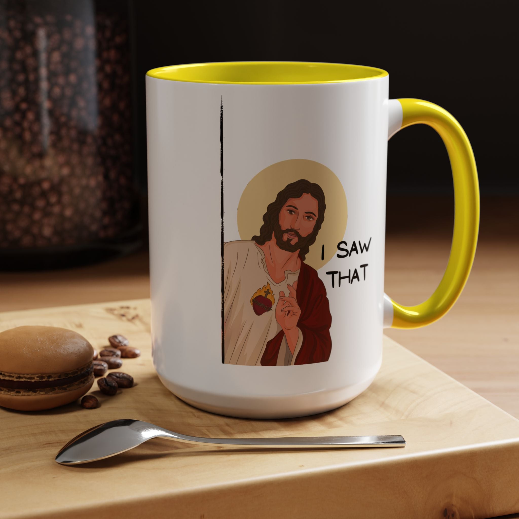 Peeking Jesus, I saw That Funny Coffee Mug, Personalized Mug, Accent Cup (11, 15oz), Gift Under 20, Gift for Atheist, faith based cup