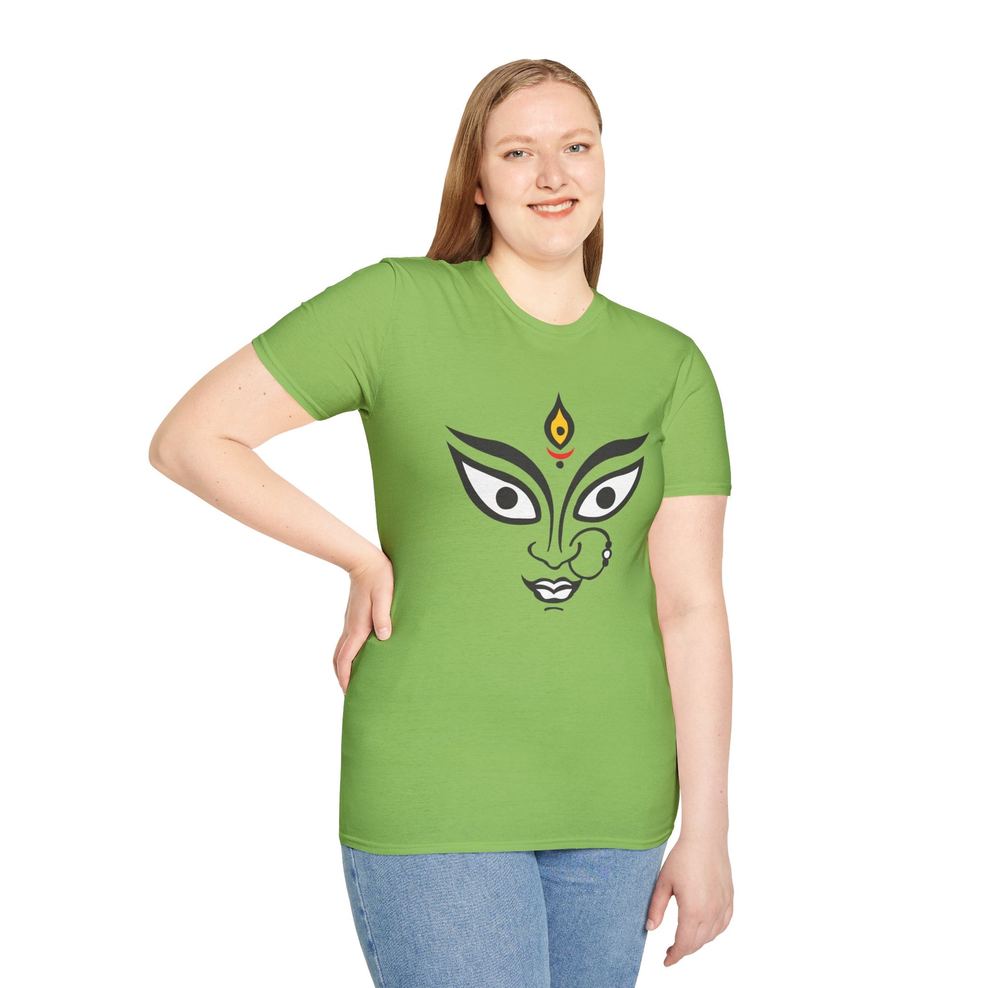 Woman wearing green Durga Maa graphic t-shirt, perfect gift for Diwali, Navratri, and Durga Pooja celebrations.