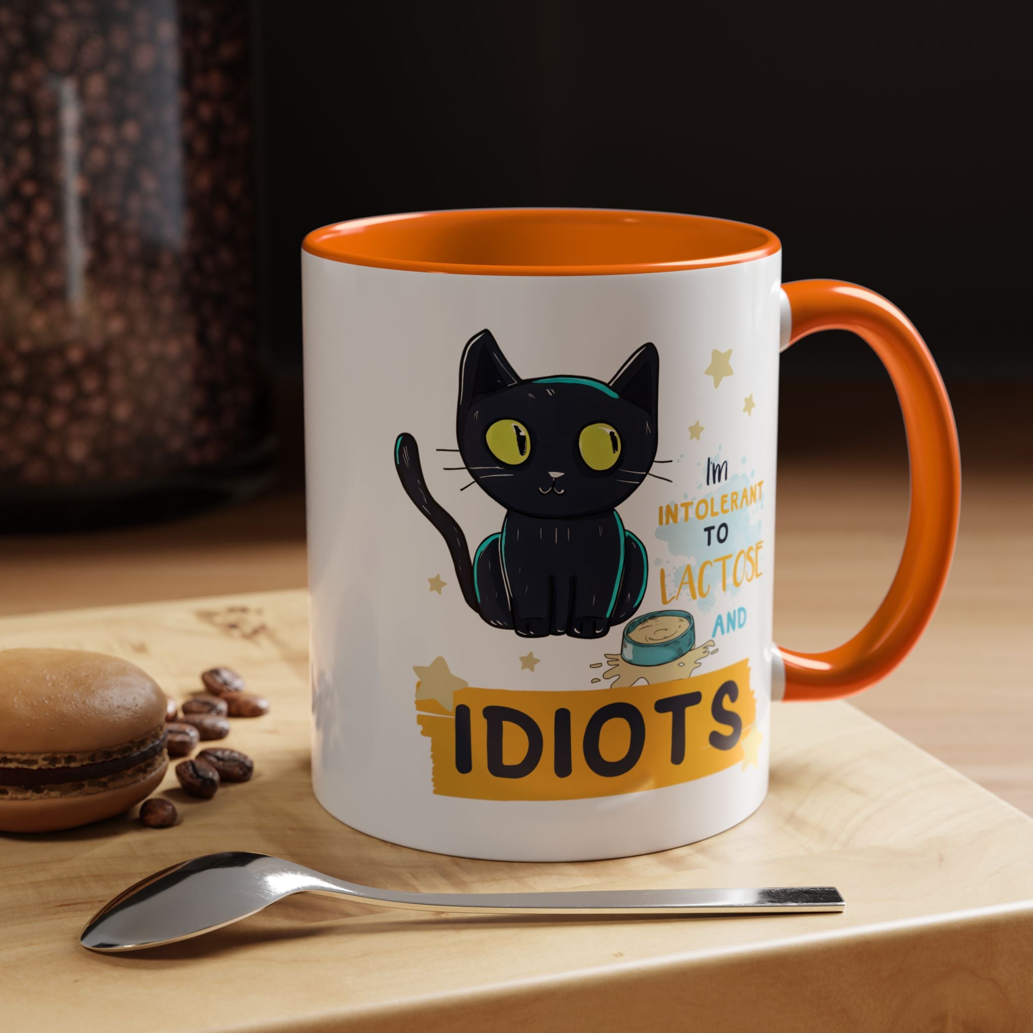 Funny Coffee Mug, Personalized Mug, Cute Cat Intolerant To Lactose and Idiots Accent Cup (11, 15oz), Gift Under 20, White Elephant gift