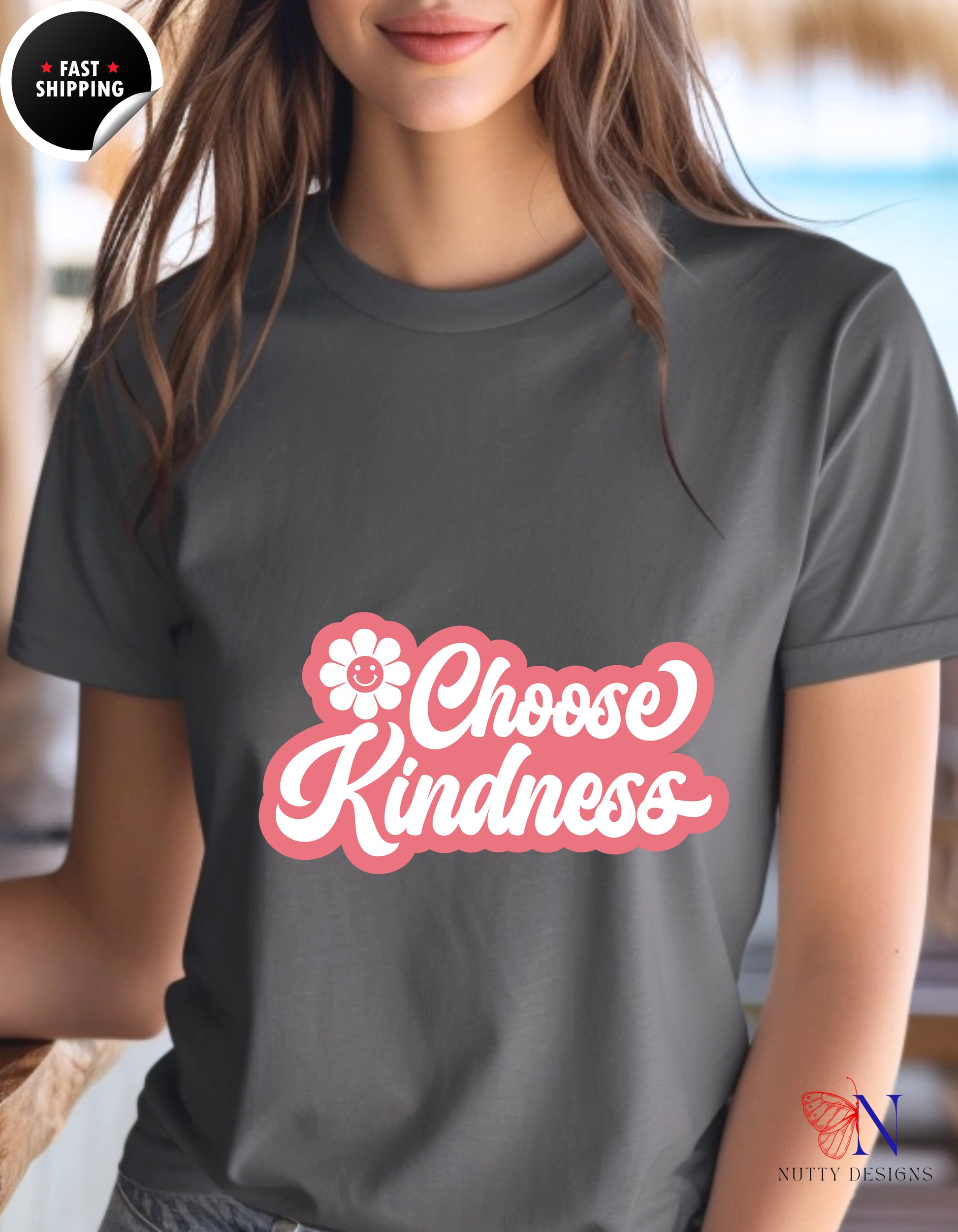 Groovy Choose Kindness Cotton T-Shirt Lifestyle Mockup | Nutty Designs