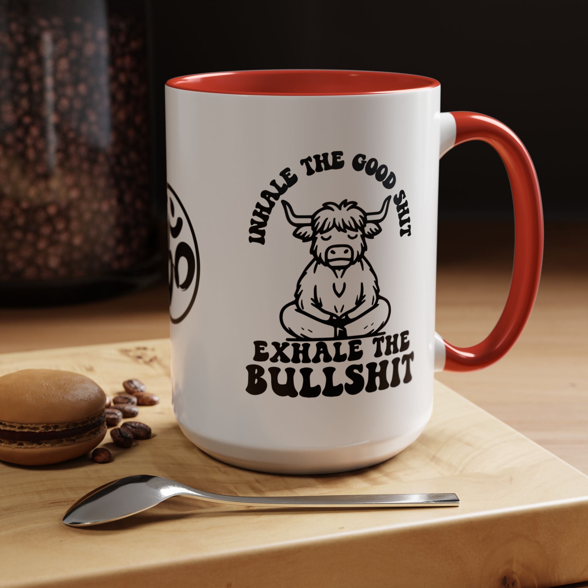 Inhale the Good Shit Exhale The Bullshit Cute Cow Chanting Om Accent Coffee Mug (11, 15oz)