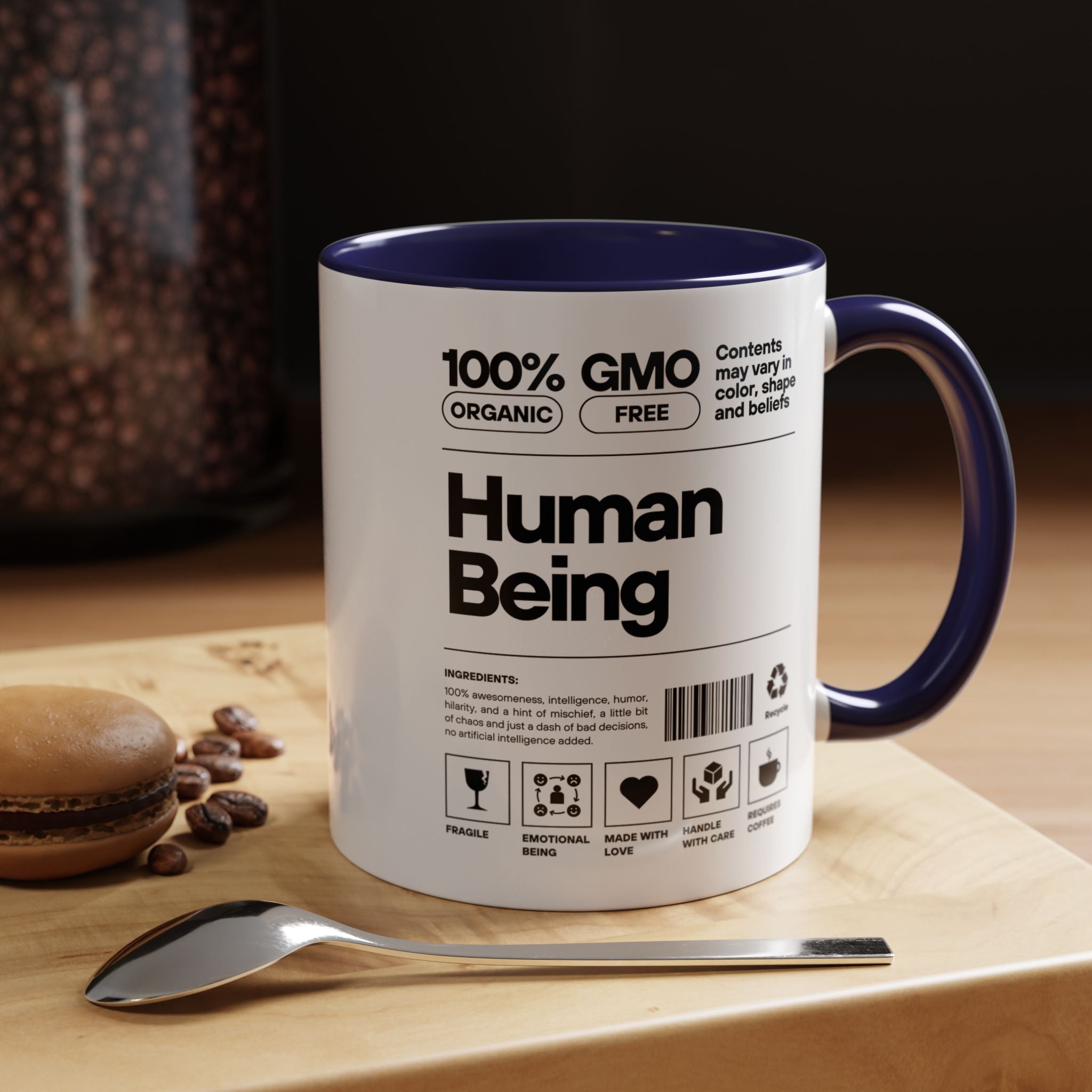Funny Coffee Mug, Personalized Mug, Human Being Nutrition Facts Accent Cup (11, 15oz), Gift Under 20, White Elephant gift