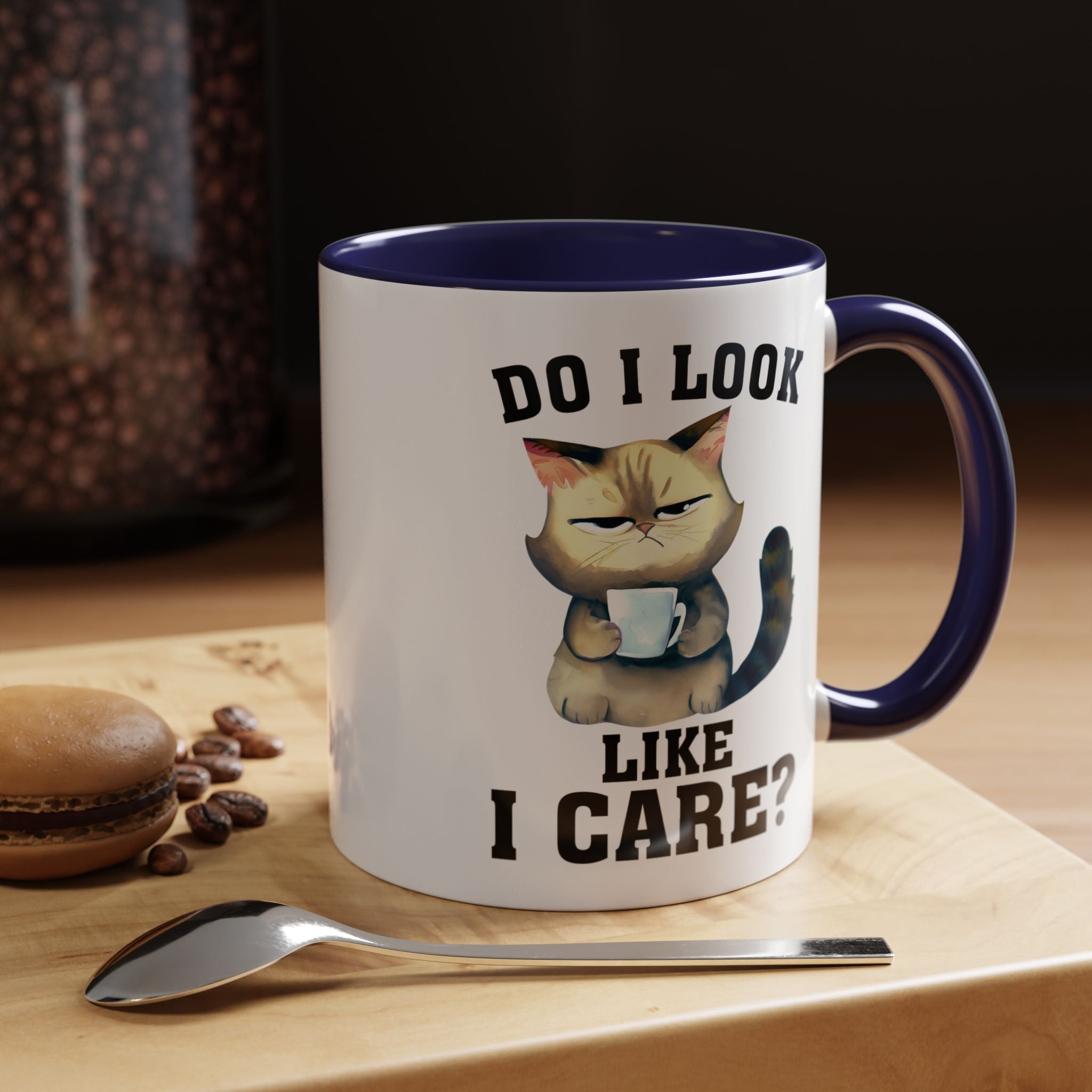 Funny Coffee Mug, Personalized Mug, Grumpy Cat DO I Look Like I Care Accent Cup (11, 15oz), Gift Under 20, White Elephant gift