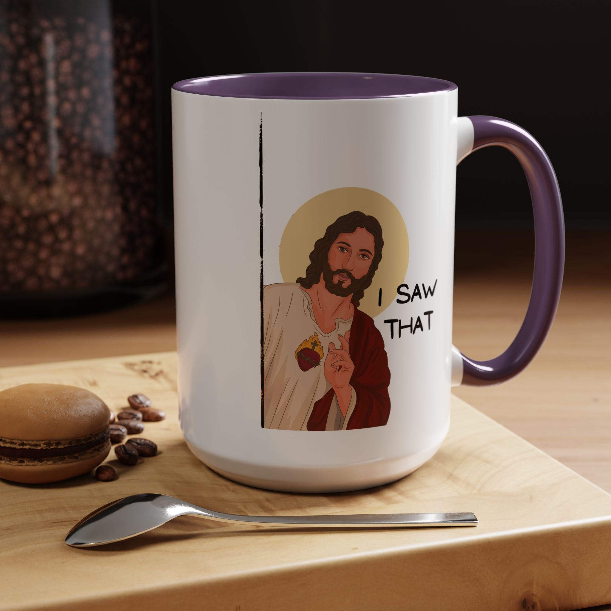 Peeking Jesus, I saw That Funny Coffee Mug, Personalized Mug, Accent Cup (11, 15oz), Gift Under 20, Gift for Atheist, faith based cup