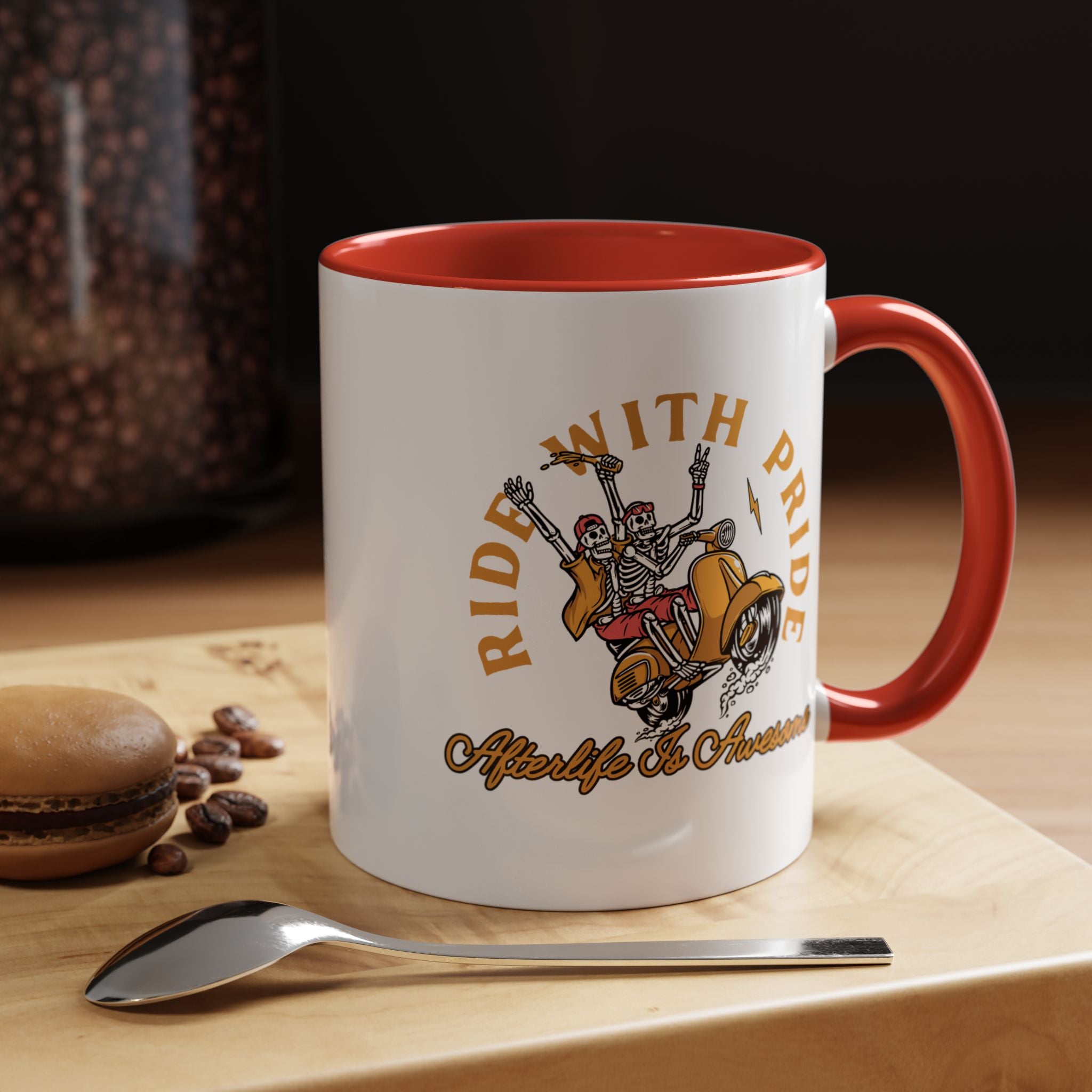 Funny Coffee Mug, Personalized Mug, Ride With Pride Afterlife Is Awesome, Skeleton Accent Cup (11, 15oz), Gift Under 20, White Elephant